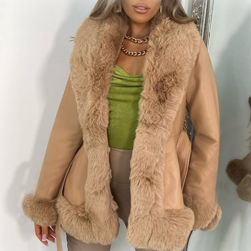 Stylish Leather Patchwork Slim Fit Long Sleeve Jacket for Women - Fashionable Outerwear for Fall & Winter, Perfect for Casual Outings & Date Nights