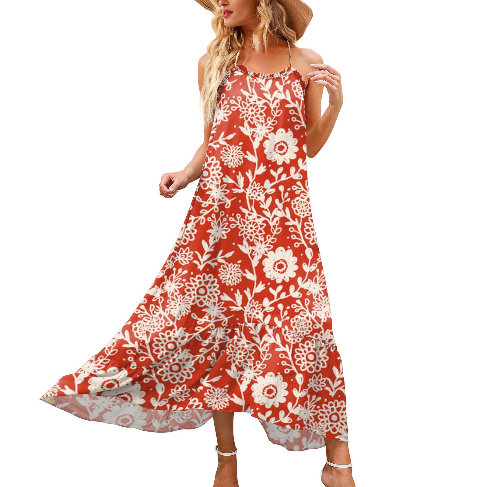 Women's Floral Spaghetti Strap Summer Maxi Dress with High-Low Hem - Perfect for Beach Vacations, Date Nights & Summer Parties