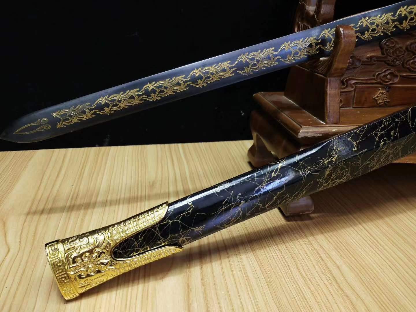 Premium Chinese Han Sword - Medium Carbon Steel Etched Blade with Alloy Fittings - Authentic Kung Fu Weapon & Collector's Gift for Martial Arts Enthusiasts, Historical Reenactments, and Home Decor Display
