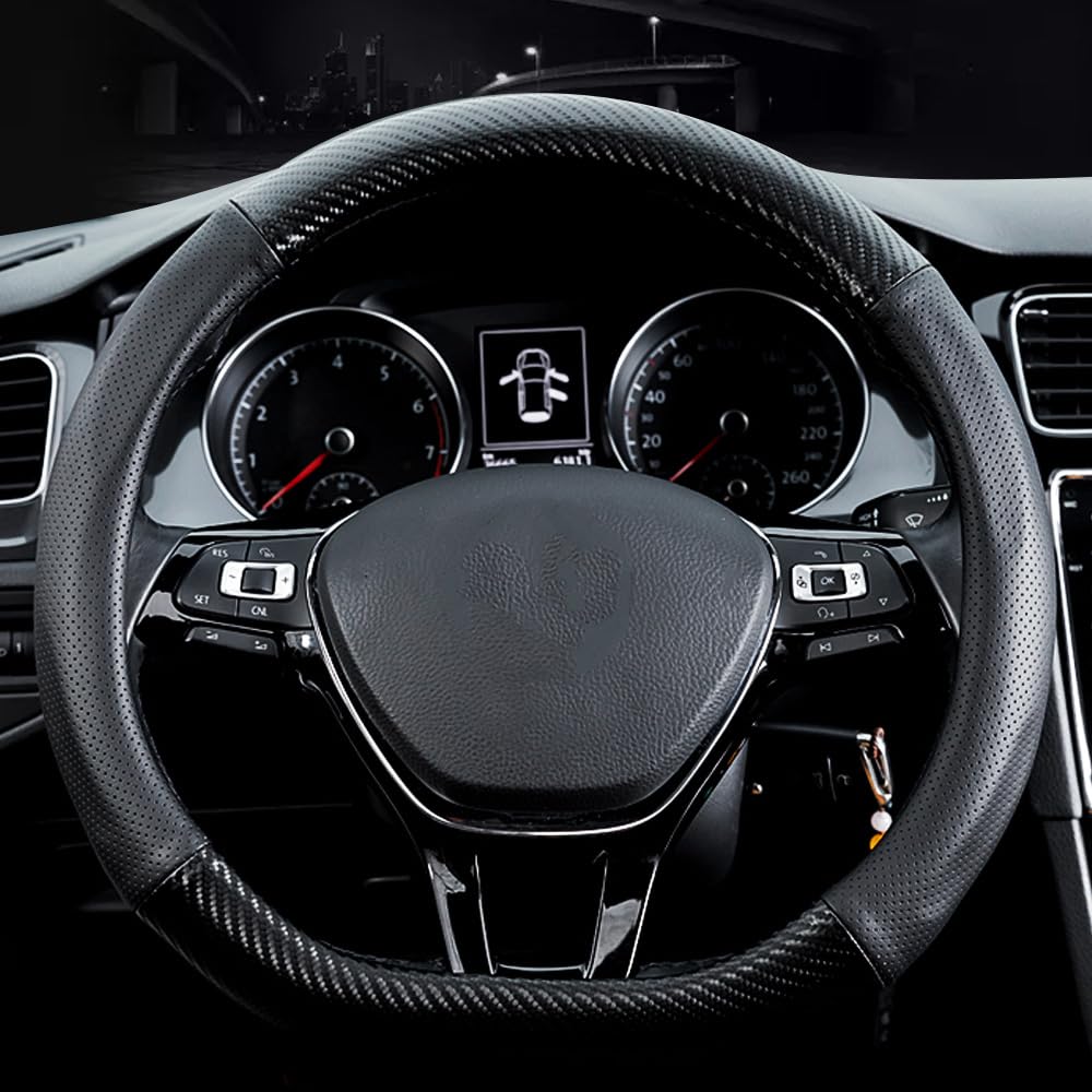 Universal 15-Inch Car Carbon Fiber & Leather D-Shape Steering Wheel Cover - Non-Slip Stylish Black Interior Upgrade for Enhanced Driving Comfort