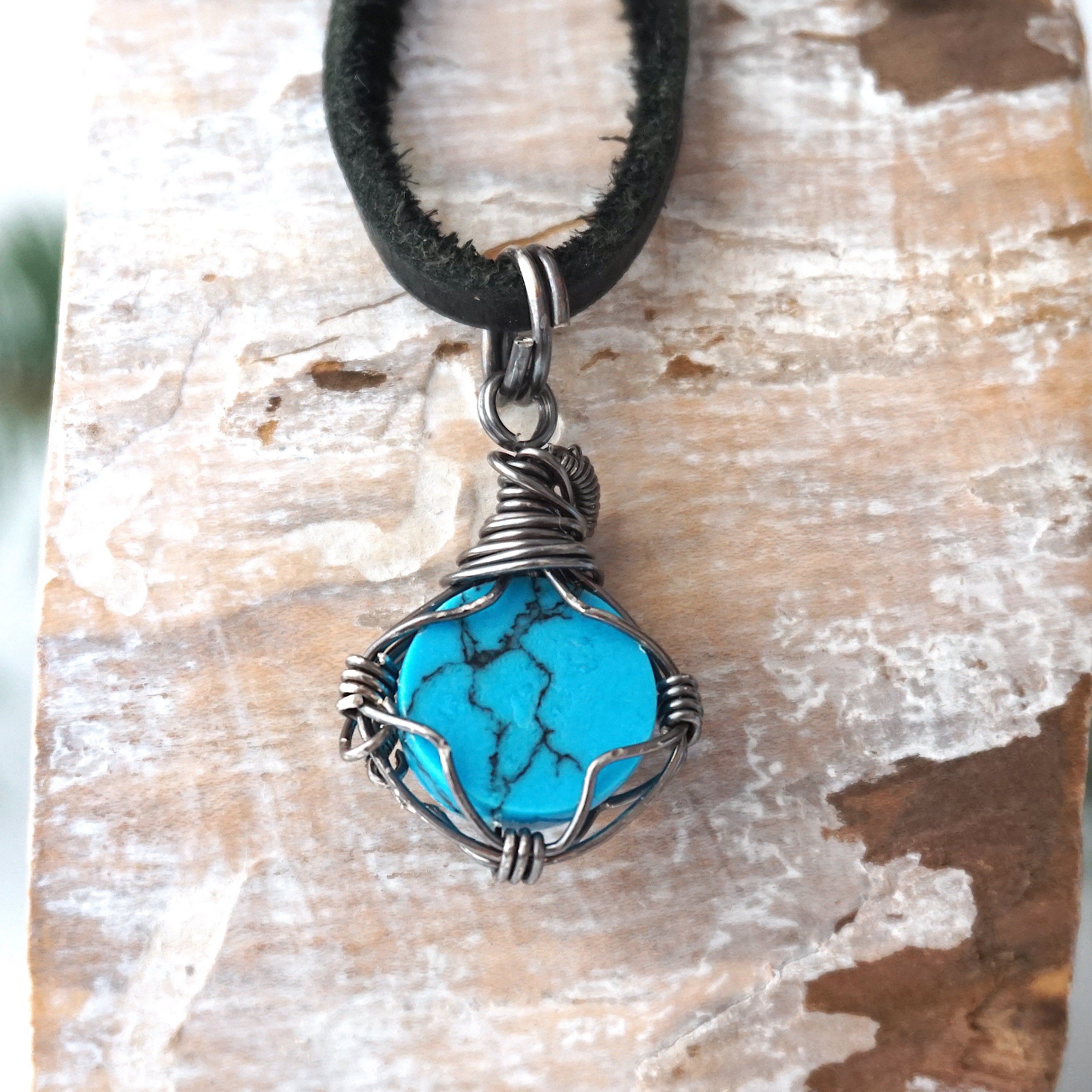 Turquoise Charm Necklace - Antiqued Sterling Silver Pendant with Black Leather Cord - Perfect for Boho Jewelry, Casual Wear & Gift Giving