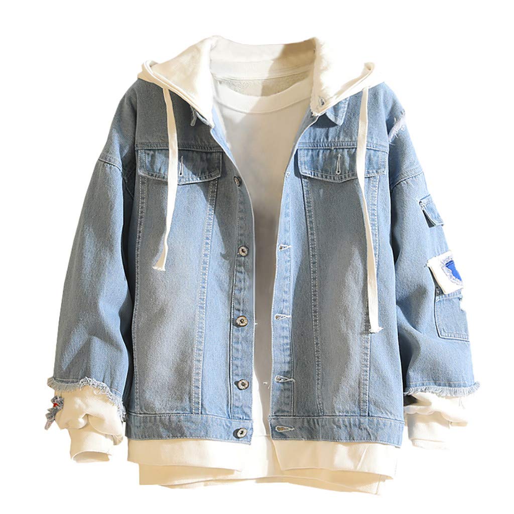 Fanteecy Men's Slim Fit Distressed Denim Jacket with Patches - Oversized Hooded Casual Outwear for Street Style & Urban Fashion