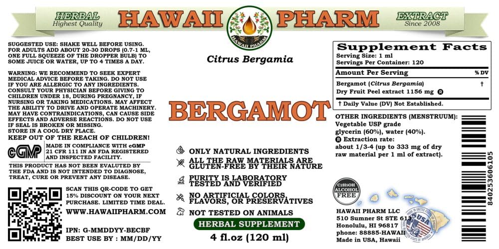 Alcohol-Free Bergamot Liquid Extract | Citrus Bergamia Dried Fruit Peel Glycerite | Natural Herbal Supplement by Hawaii Pharm | 60 oz (15x4 oz) | Supports Stress Relief & Digestive Health | Perfect for Teas, Smoothies & Aromatherapy