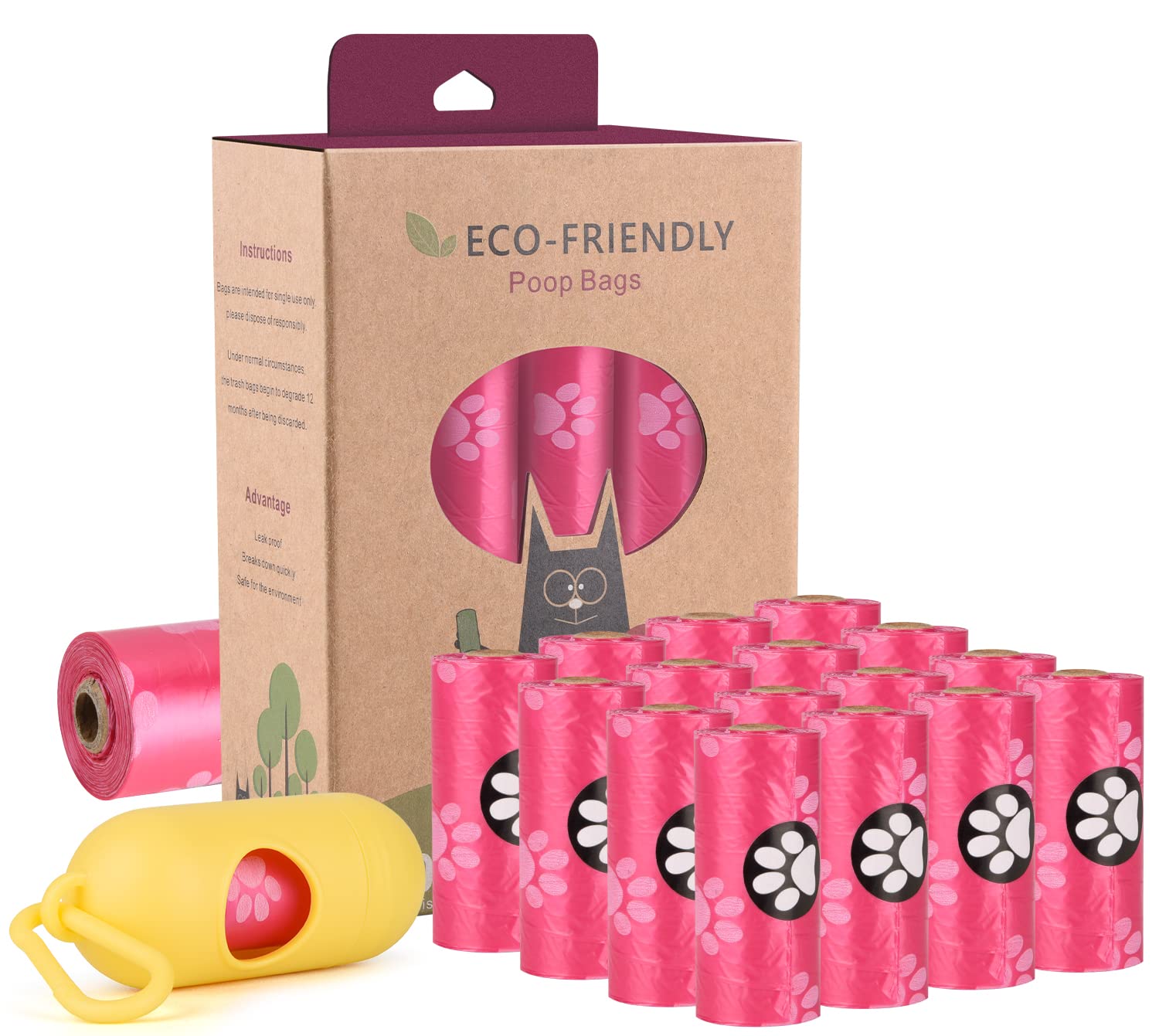 Biodegradable Dog Poop Bags with Holder - 240 Large Compostable Pet Waste Bags | Corn Starch Blended, Extra Thick & Leak Proof | Eco-Friendly Dog Walking & Park Cleanup (Pink)