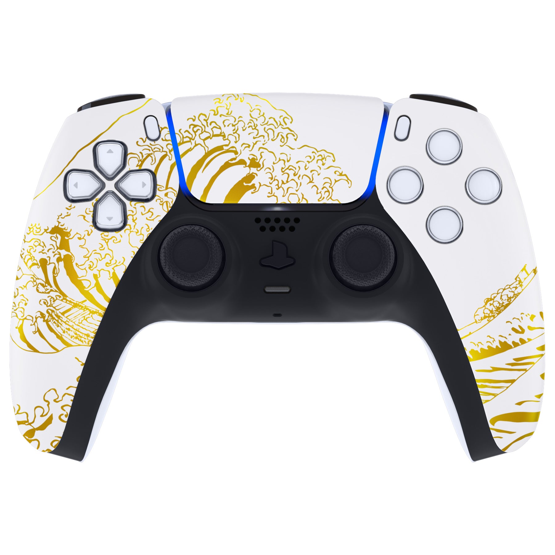 eXtremeRate PS5 Controller Front Housing Shell Replacement - Compatible with BDM 010/020/030/040/050, Golden Wave Off Kanagawa Design, White - DIY Customization for Enhanced Gaming Experience