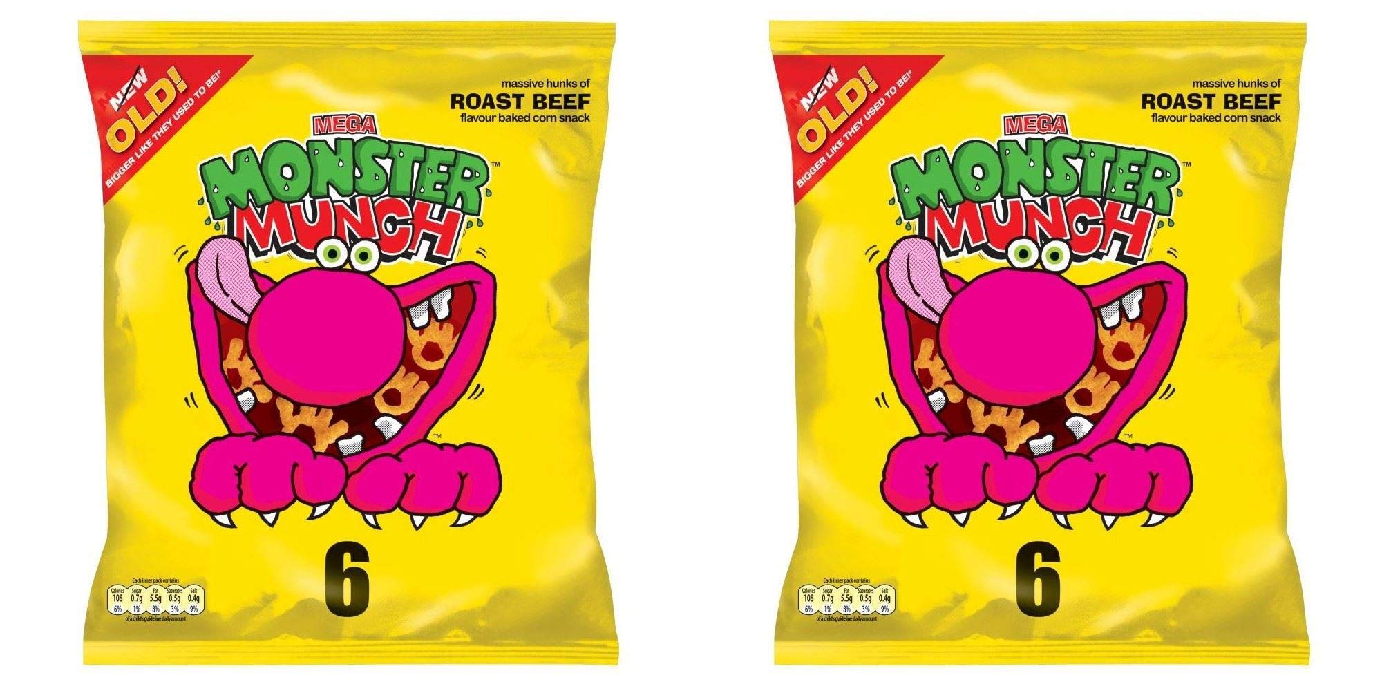Monster Munch Roast Beef Flavor Crispy Snacks - 22g X 6 Pack (12 Total) - Perfect for Lunch Boxes, Road Trips & Movie Nights