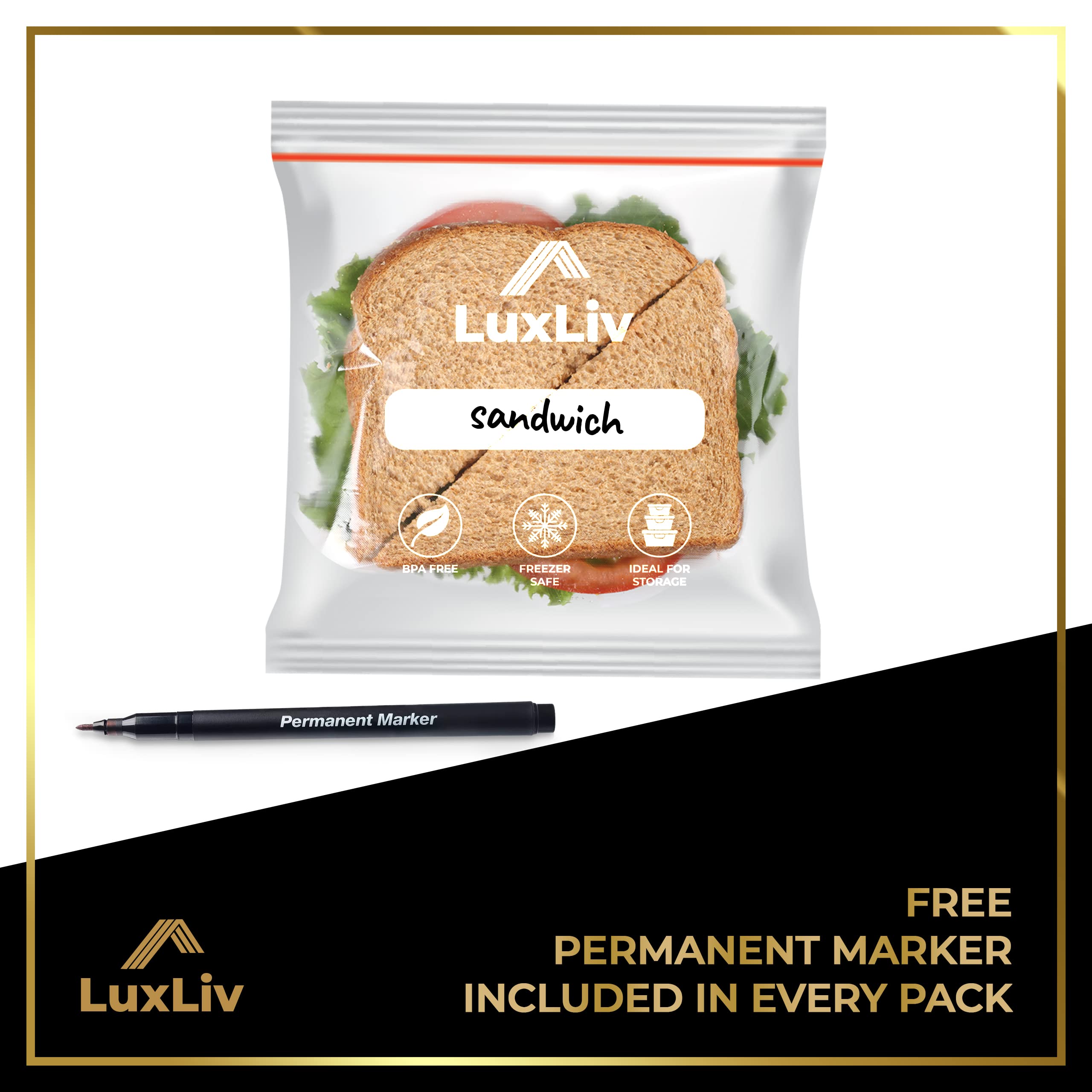100-Pack LuxLiv® Premium Reusable Plastic Sandwich & Snack Bags - 7x8 Inch BPA-Free Freezer-Safe Food Storage Bags for Lunch, Meal Prep & Organization - Heavy Duty Ziplock Bags for Home, Office & Travel Use