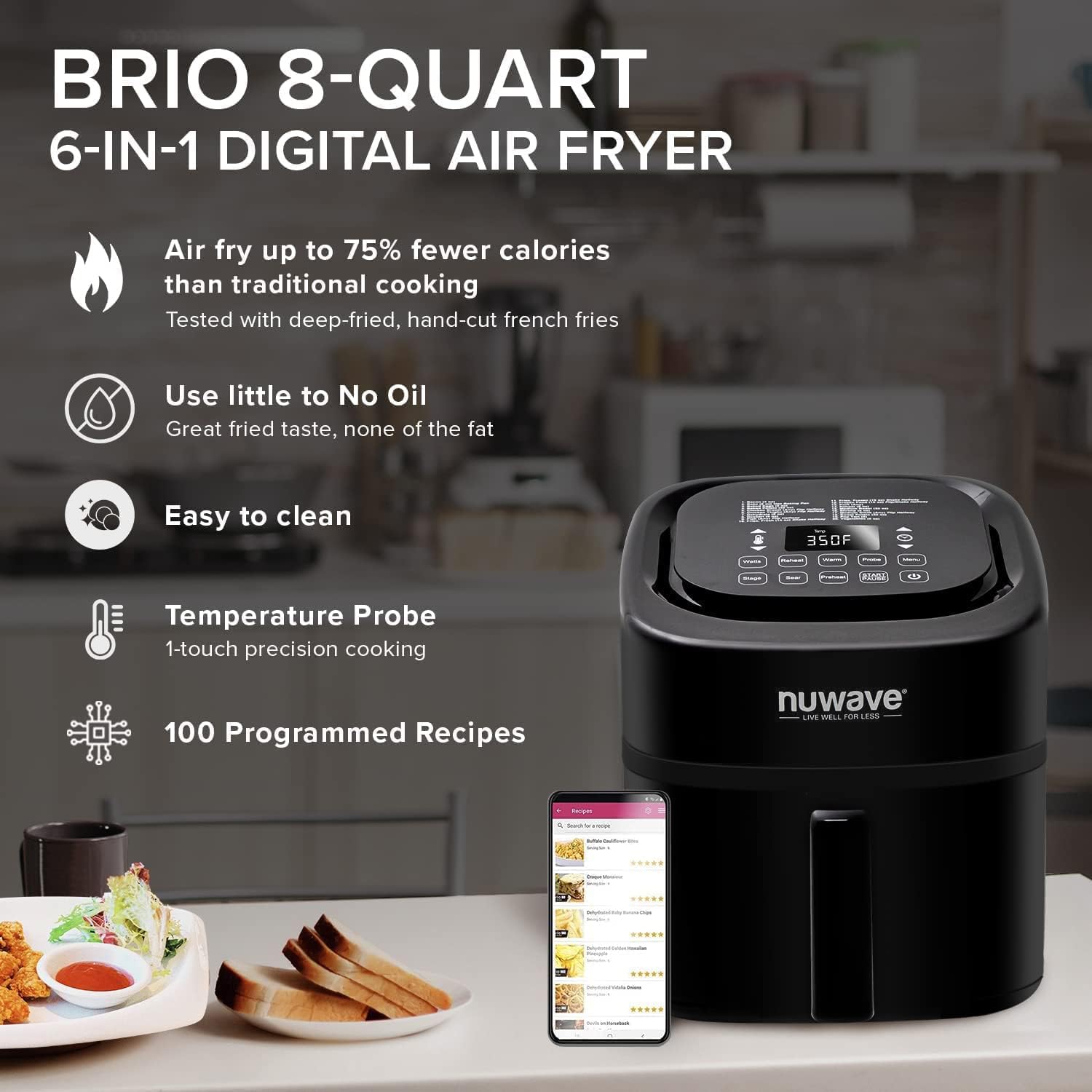 NUWAVE Brio 8-Quart Air Fryer with 1800W Power - Digital Display, Precise 50°F to 400°F Temperature Control - 100 Presets & 50 Memory Slots - Built-in Smart Thermometer & Linear T Technology - Perfect for Healthy Cooking, Family Meals & Quick Snacks