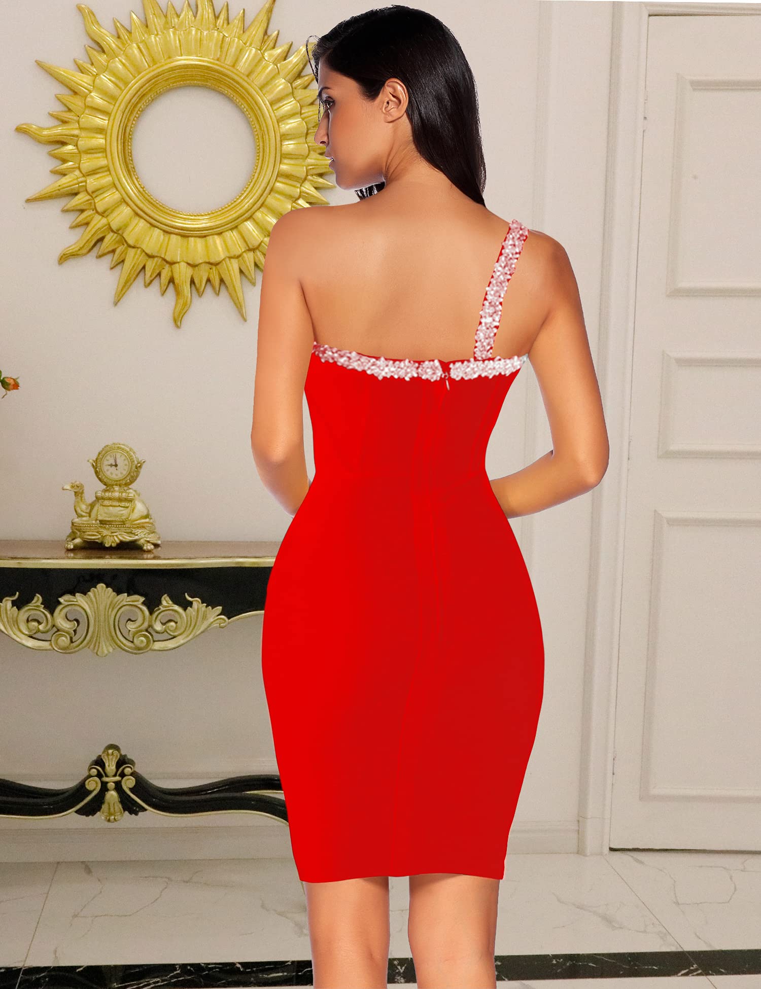 Women's One Shoulder Beaded Bodycon Bandage Dress - Sexy Mini Club Dress for Night Out, Party & Celebrity Events | Perfect for Cocktail Parties, Date Nights & Special Occasions