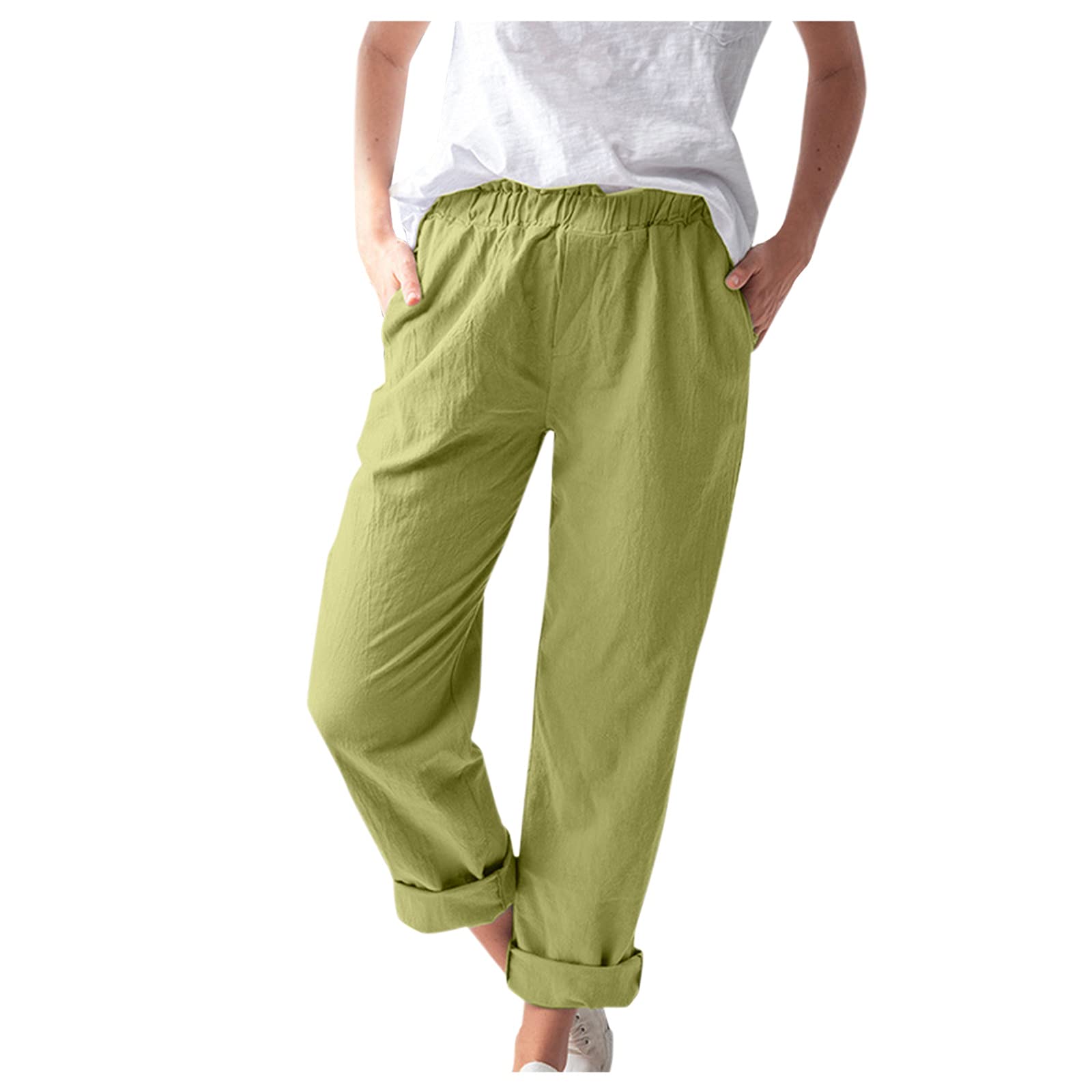 Women's Linen Cotton Casual Pants with Pockets - Slim Fit Solid Black Dressy Trousers for Work, Travel & Everyday Wear