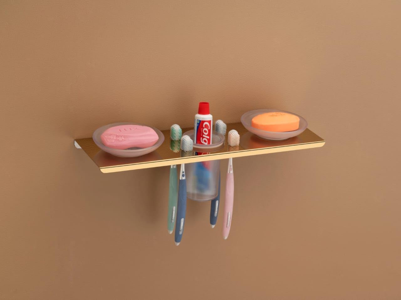 Premium TEX-RO Bathroom Organizer with Soap Holder & Toothbrush Holders - Space Saving Gold Toiletry Storage for Home & Travel - Ideal for Countertop, Vanity, RV & Hotel Bathroom Organization