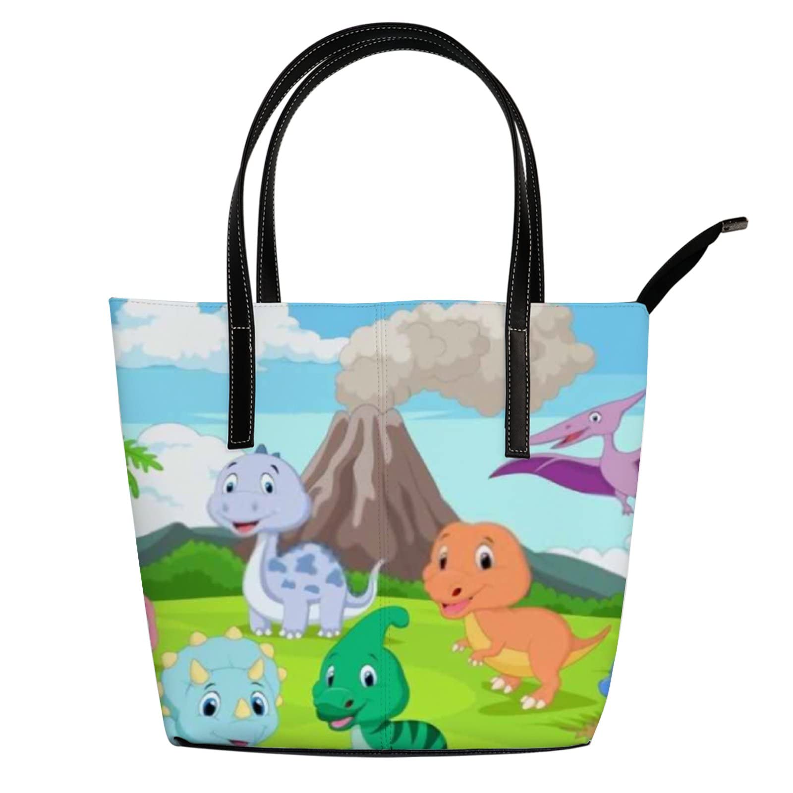 **Stylish Green Cartoon Baby Dinosaurs Jungle Tote Bag for Women - Leather Crossbody Handbag with Zipper - Perfect for Work, Travel & Daily Use**