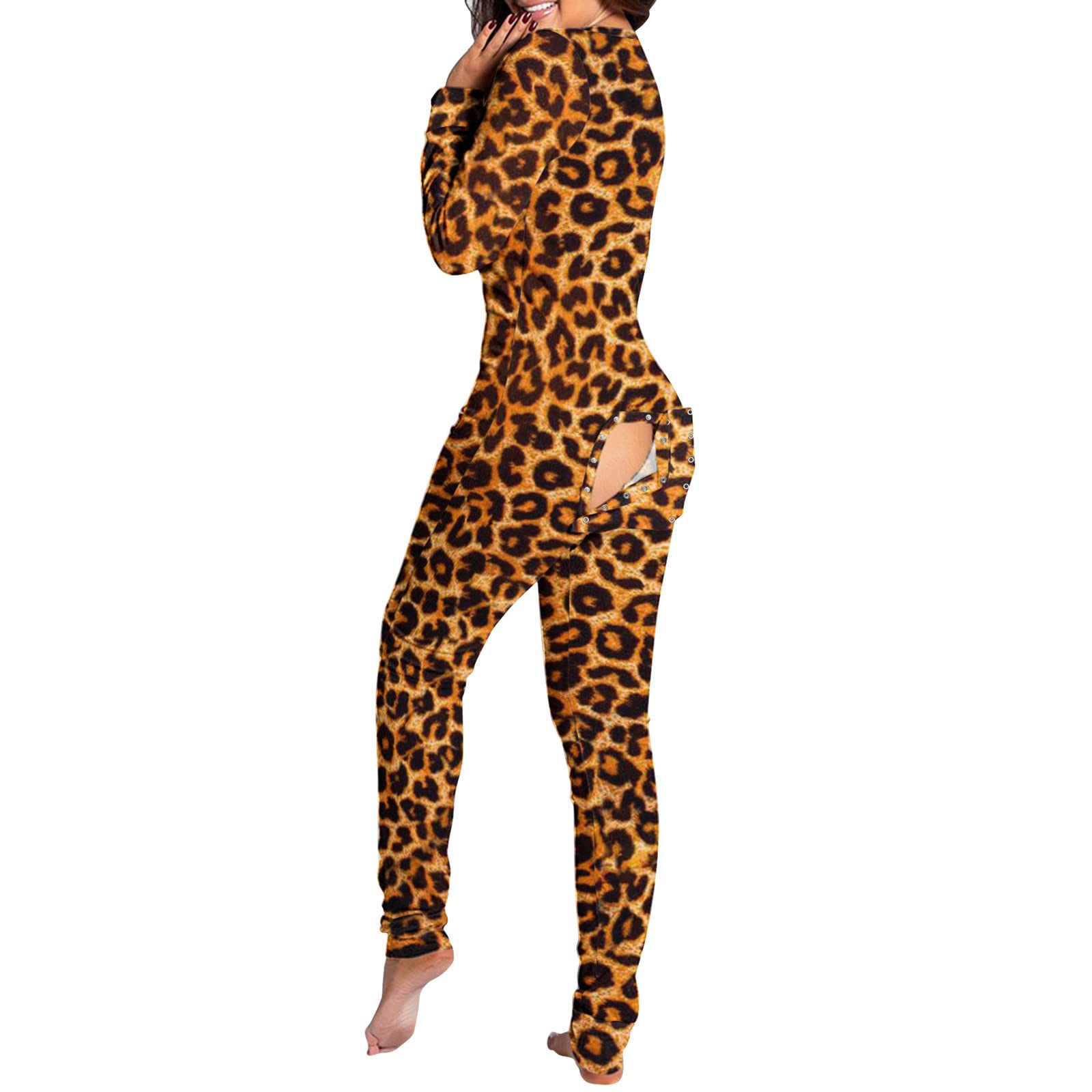 Women's Button-Down Sleepwear Jumpsuit - Floral Print Romper with Functional Buttoned Flap - Soft Cotton Pajama Bodysuit (Brown, Medium) for Lounge Wear & Nighttime Comfort