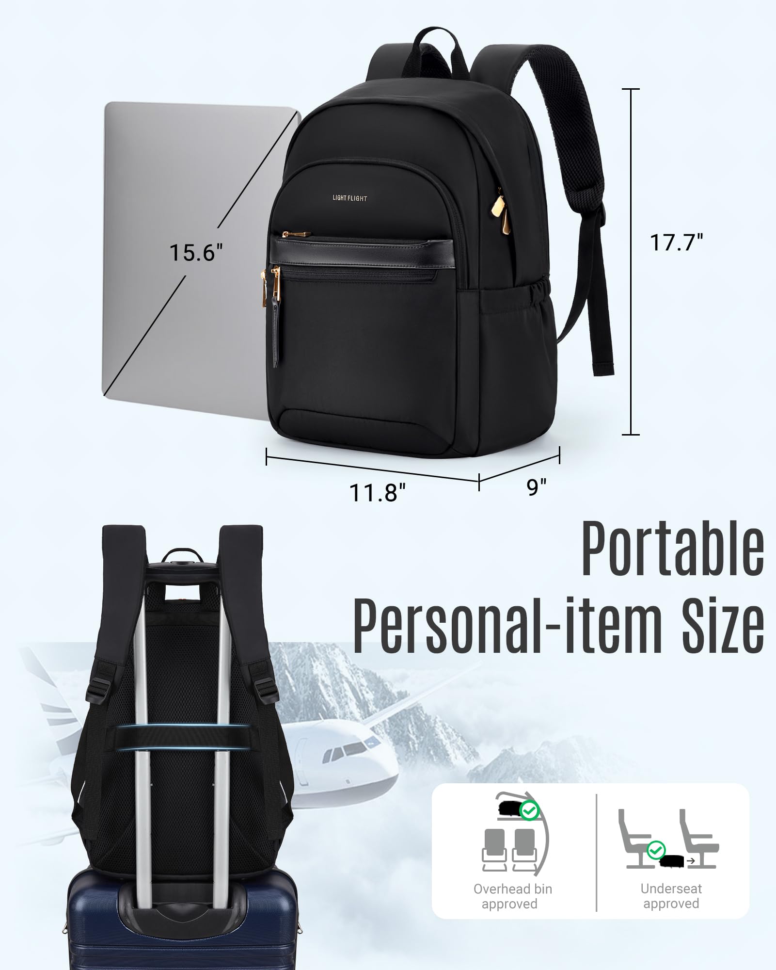 LIGHT FLIGHT Women's Travel Backpack - 15.6 Inch Water-Resistant Laptop Backpack with USB Charging Port - Stylish College & Work Computer Bag for Daily Use - Perfect for Commuting, Business Trips & Campus Life - Black
