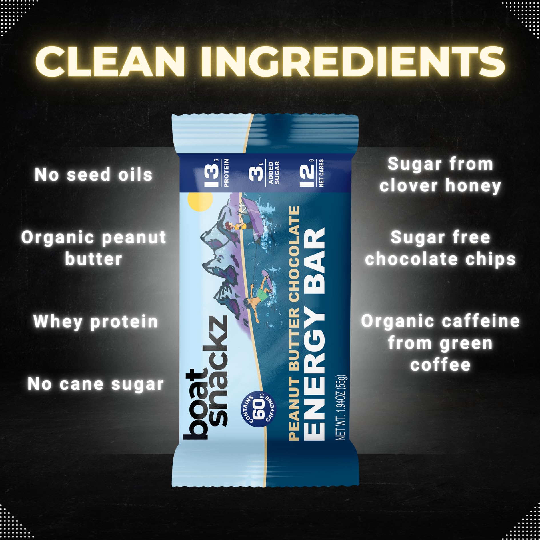 Boat Snackz Peanut Butter Chocolate Protein Bars (12 Pack) - 13g Protein, Low Sugar - Perfect for Hiking & Workouts