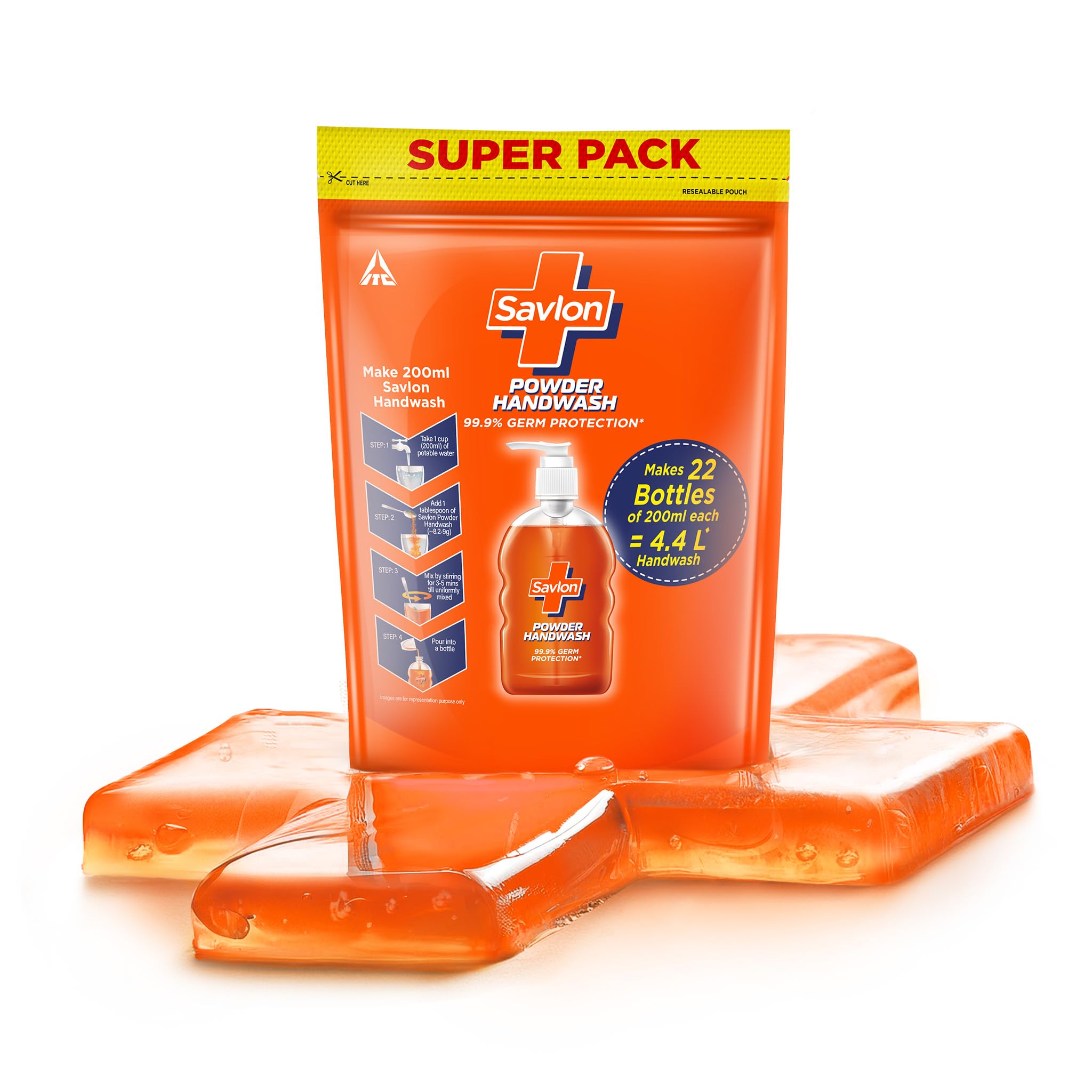 Savlon Powder-to-Gel Handwash Refill Super Pack - 200g Makes 4.4L Liquid Soap (22 x 200ml Bottles) | Moisturizing & Gentle for Soft Hands | Fresh Scent | Resealable Pouch | Ideal for Home, Office, Travel & Public Restrooms