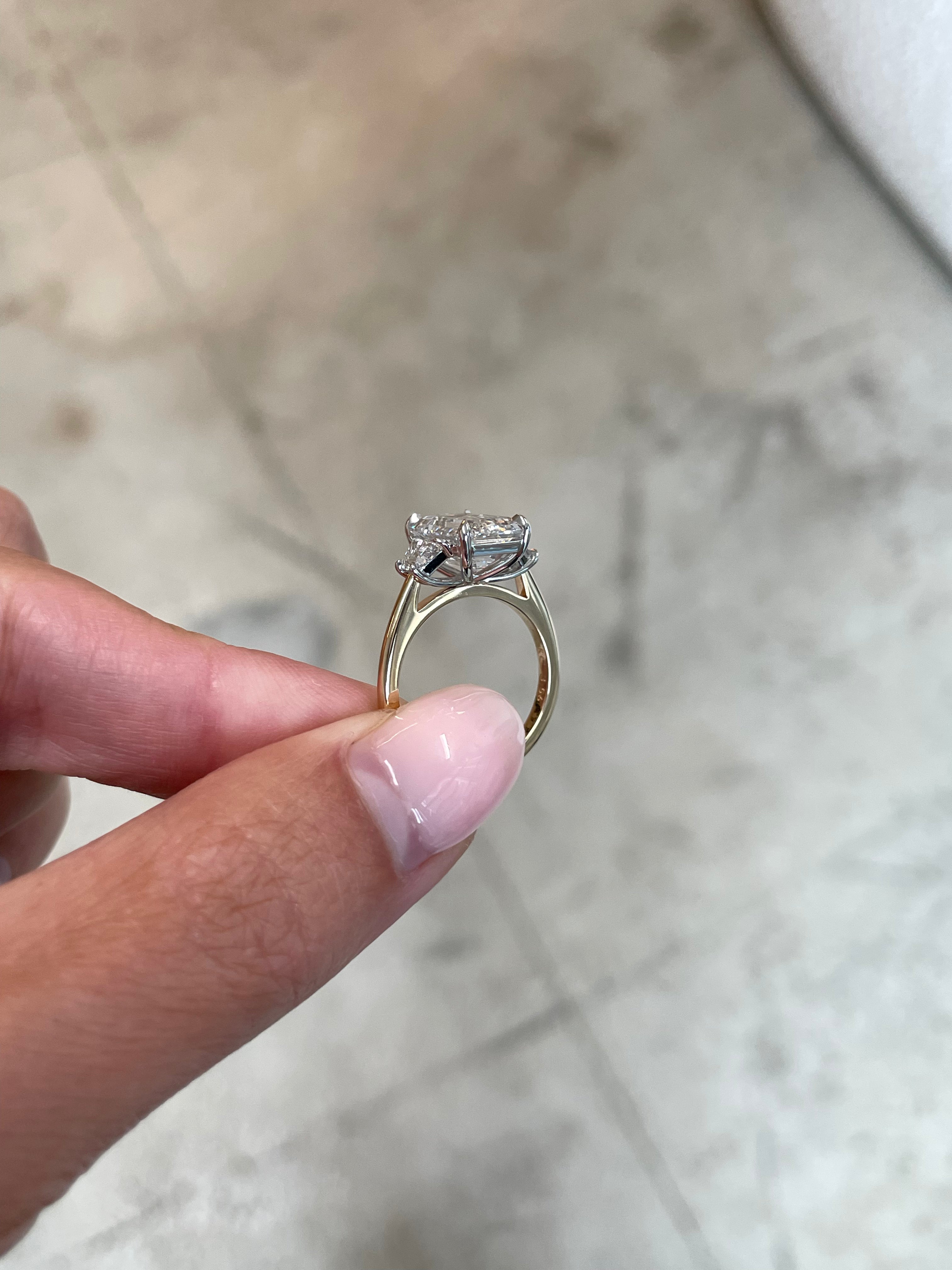 3.65 Carat Lab Grown Emerald Whisper Thin® Three Stone Ring with Trapezoid Side Stones - Elegant Engagement, Anniversary Gift for Her