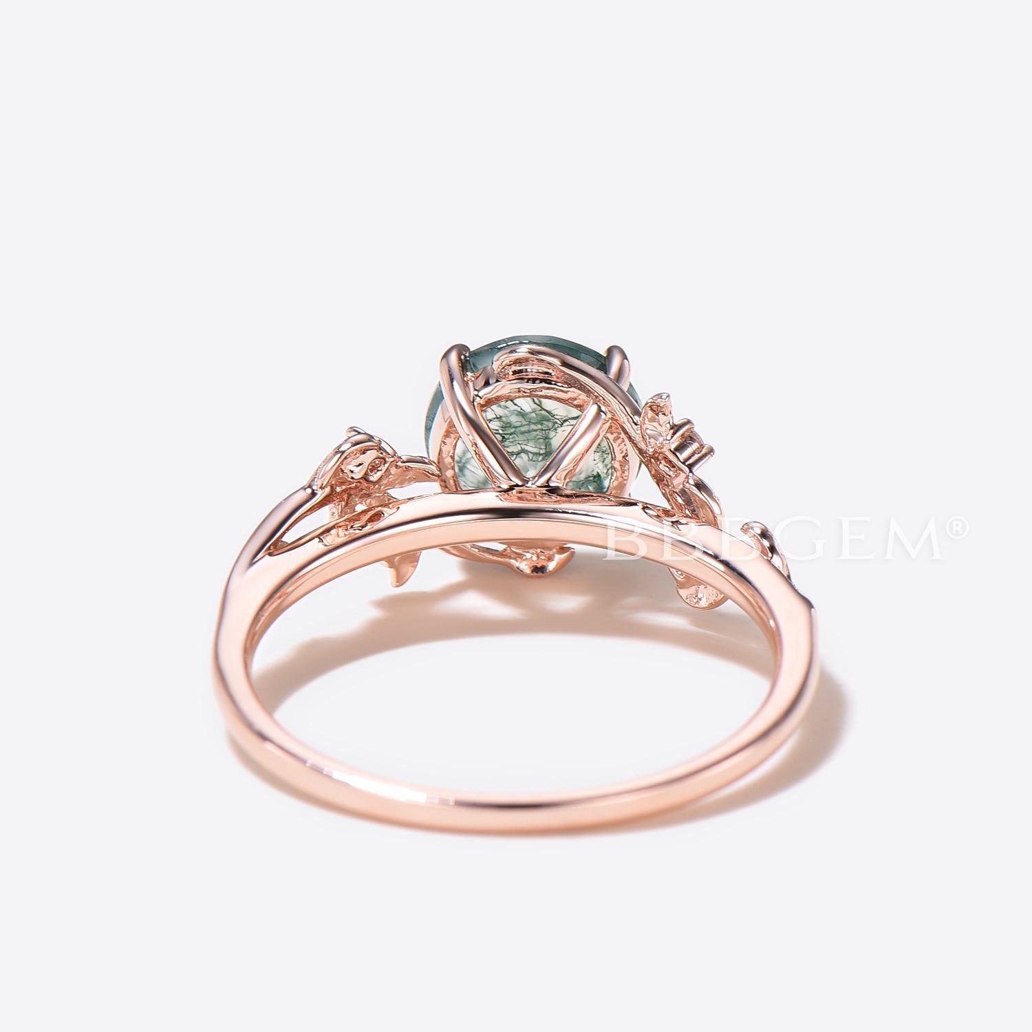 Twig Leaf Moss Agate Engagement Ring - Nature Inspired Wedding Band with Diamond Accents | Perfect for Outdoor Weddings & Nature-Themed Proposals