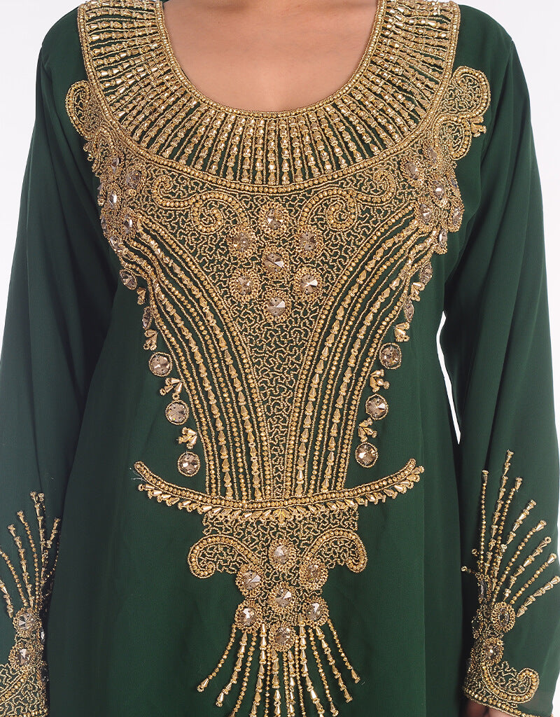 Elegant Arabic Green Georgette Kaftan with Hand Embroidery for Women | Party Wear, Evening Gown & Special Occasion Dresses