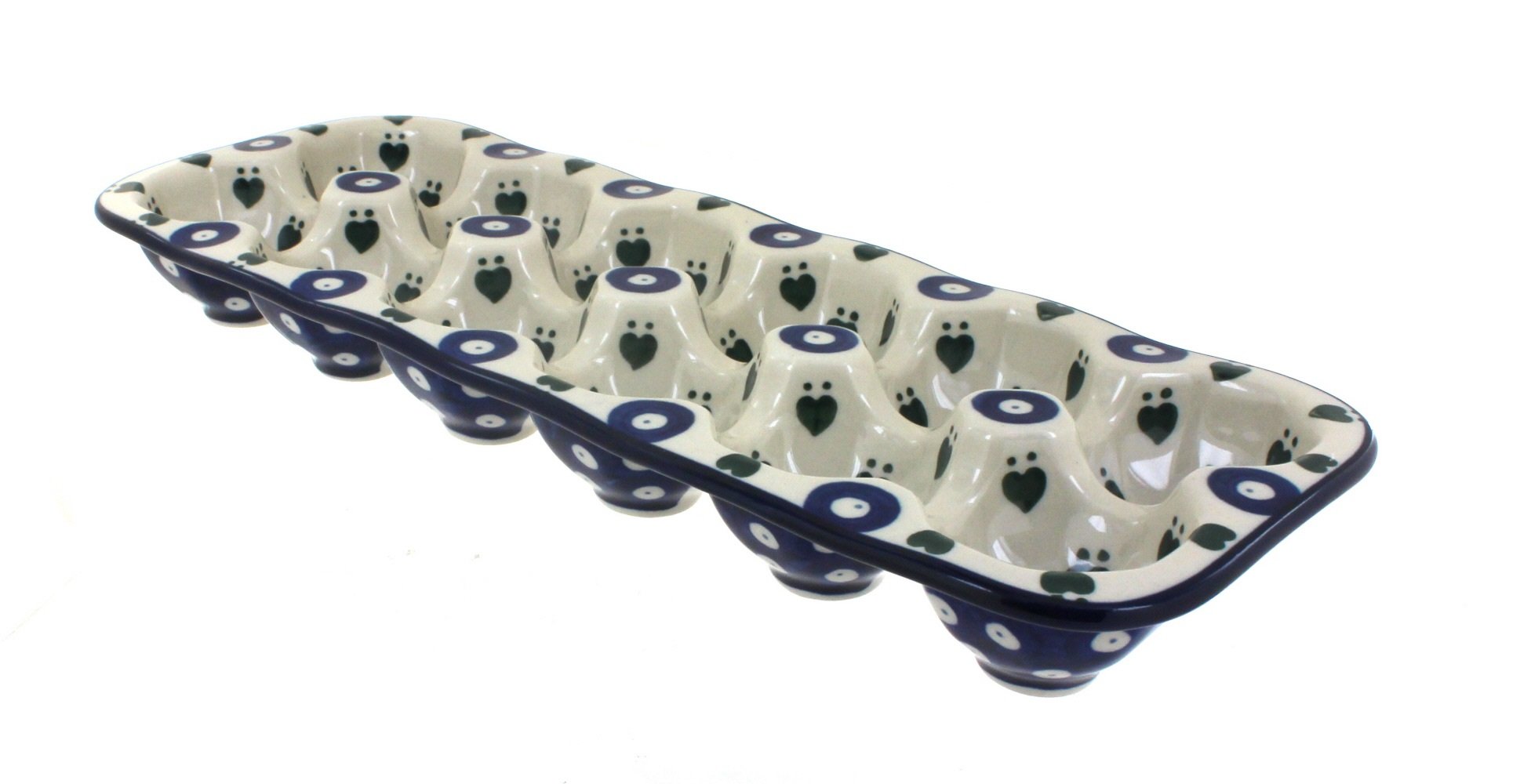 Blue Rose Polish Pottery Alyce Egg Tray - 12 Count Hand-Painted Ceramic Egg Holder for Easter, Kitchen, or Dining Table Decor