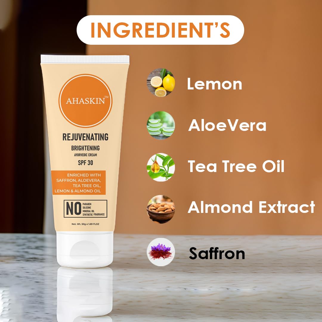 AHA SKIN Brightening Cream with SPF 30 - Paraben Free, Silicone Free, Mineral Oil Free & Fragrance Free (50g) | Daily Moisturizer for Even Skin Tone & Sun Protection