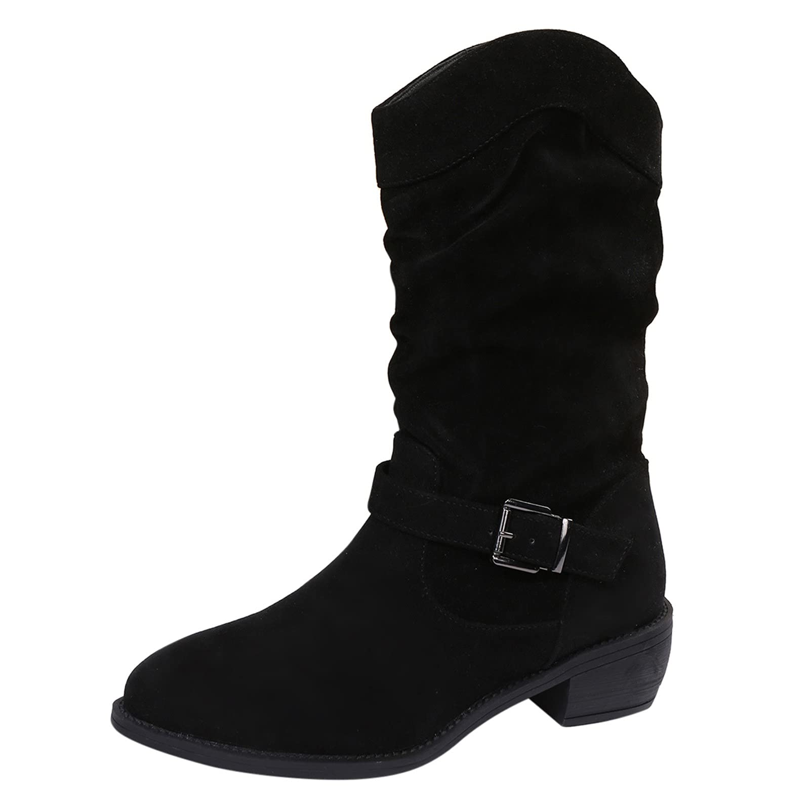 Women's Cowboy Style Knee High Boots with Heels, Toe Strap & Retro Buckle - Leather Booties for Western Fashion, Country Wear & Night Out