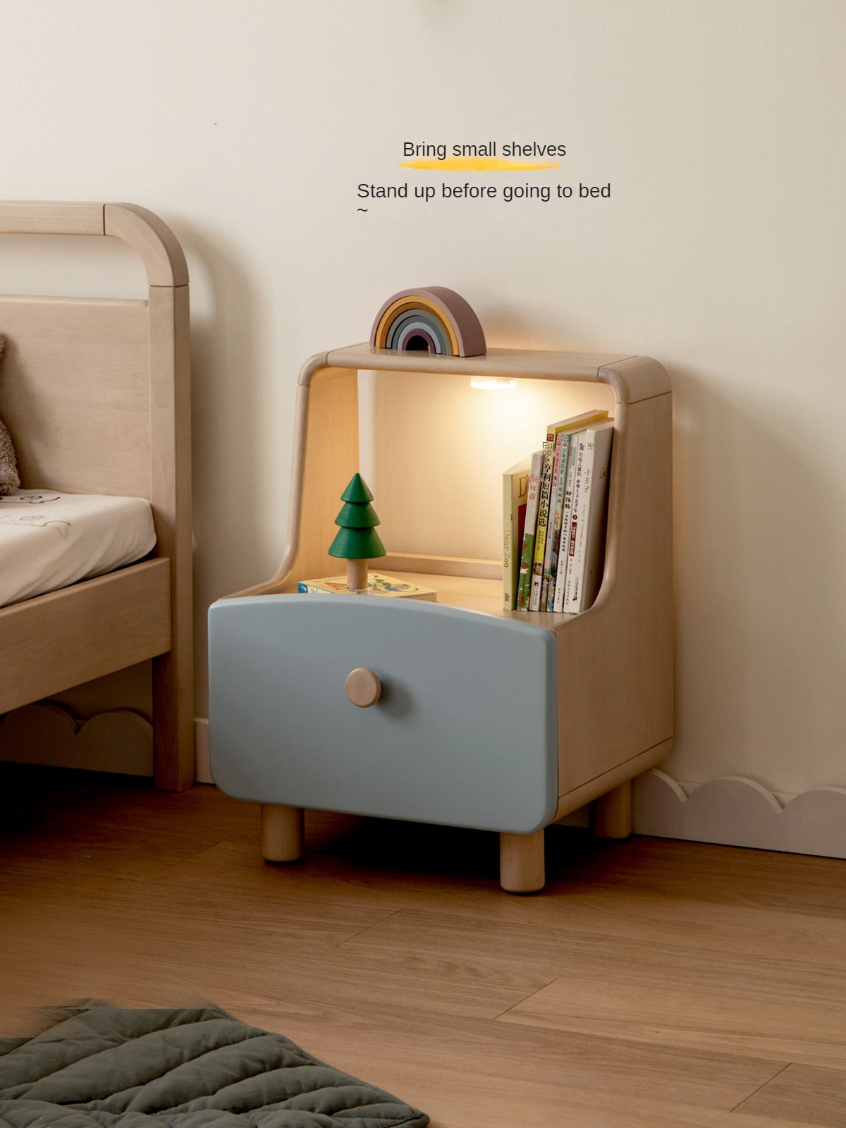 Solid Wood Nightstand with Built-in Night Light - Birch & Beech Wood Bedside Table for Bedroom, Living Room, or Nursery - Modern & Functional Furniture for Small Spaces