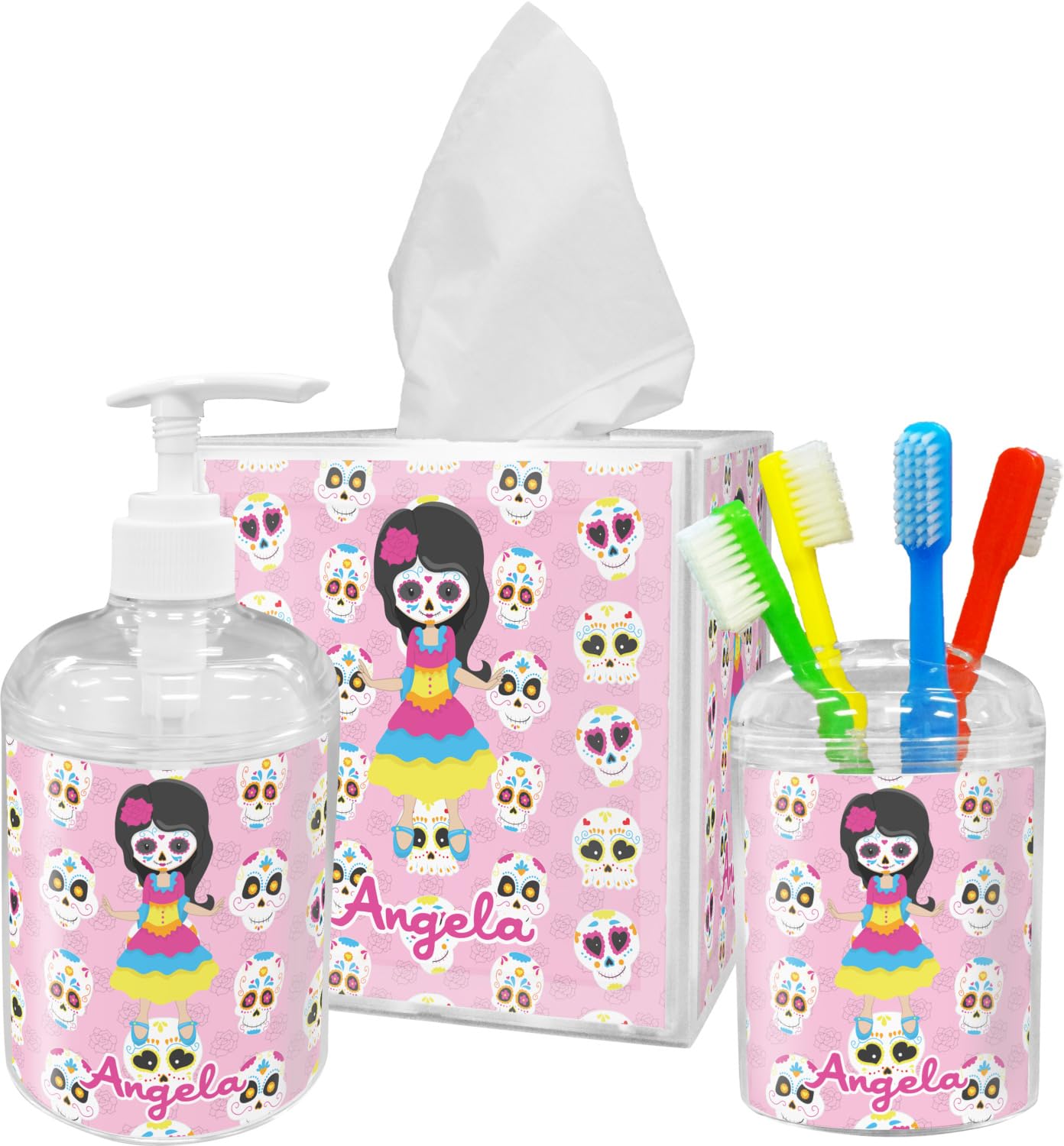Custom Personalized Kids Sugar Skulls Tissue Box Cover - Dia de Los Muertos Decor for Halloween, Day of The Dead Party & Home Decor Gift Idea