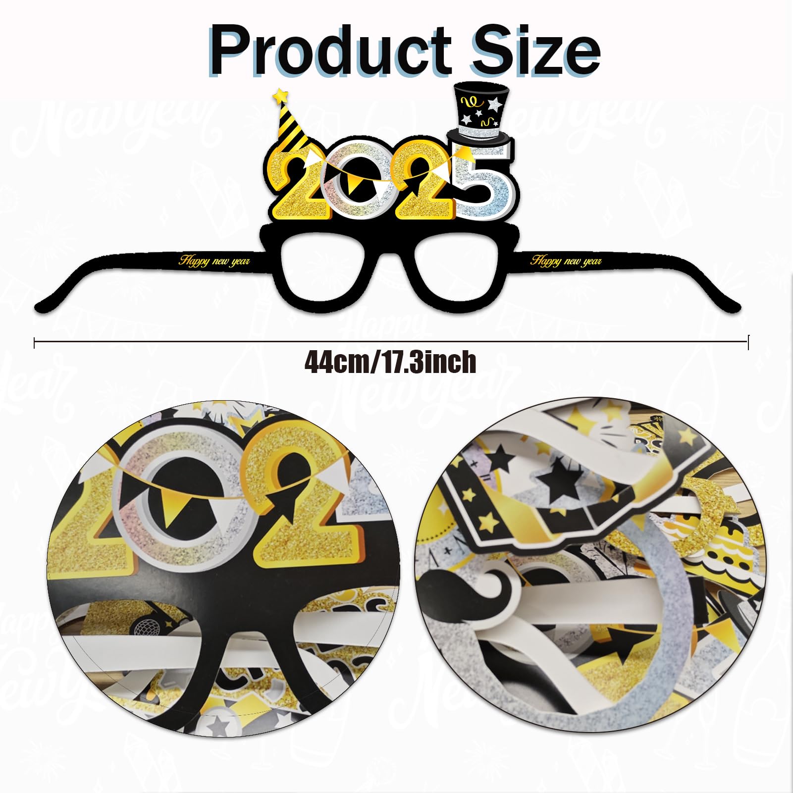 26Pcs Happy New Year 2025 Party Glasses - Black Gold Silver Funny Photo Booth Props & Eve Decoration Supplies for New Year's Eve Parties, Countdown Events & Celebrations