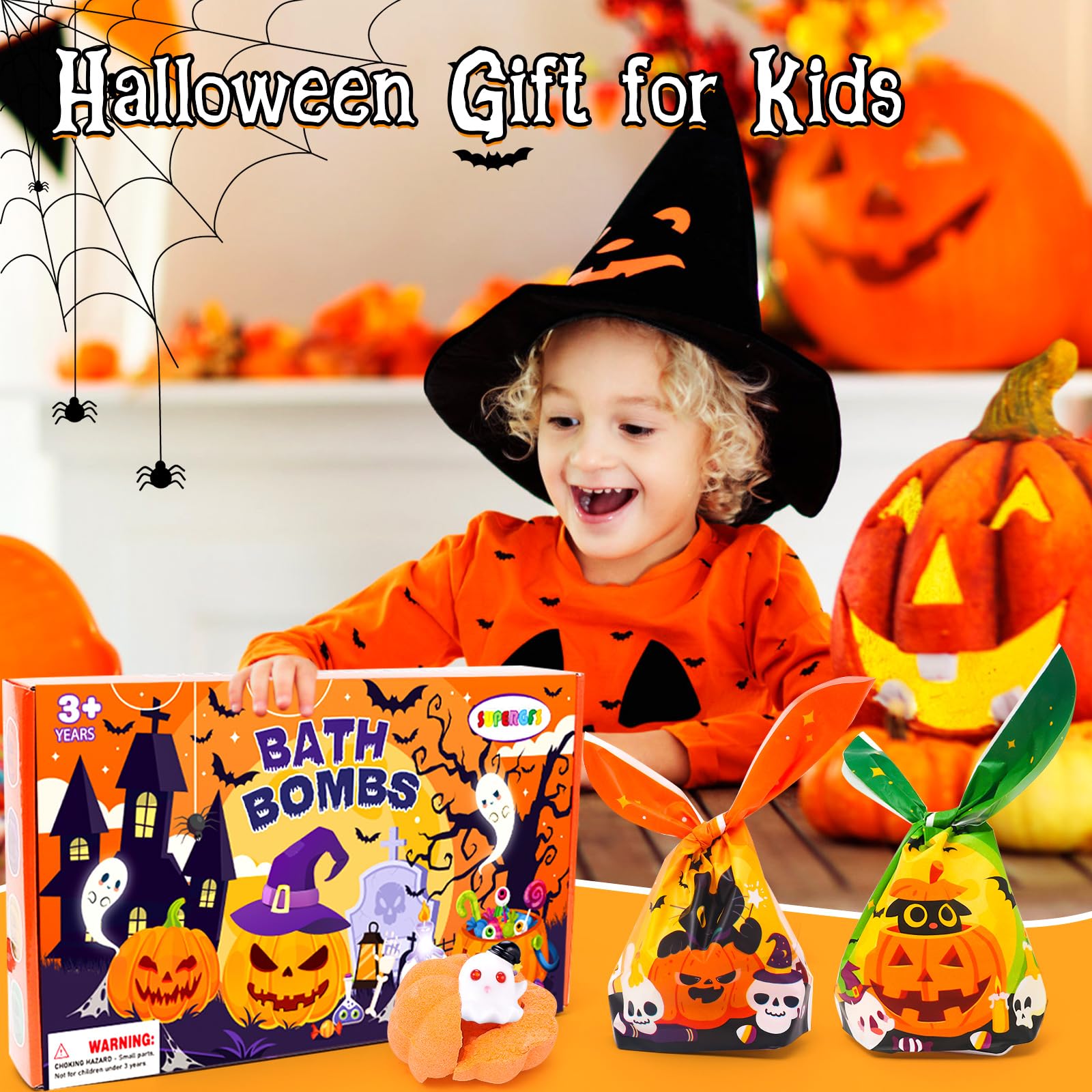 Halloween Pumpkin Bath Bombs for Kids - Surprise Halloween Toys Inside, Fun Halloween Treat Bags & Gifts for Boys and Girls - Perfect for Halloween Parties, Trick or Treating & Spooky Bath Time Fun