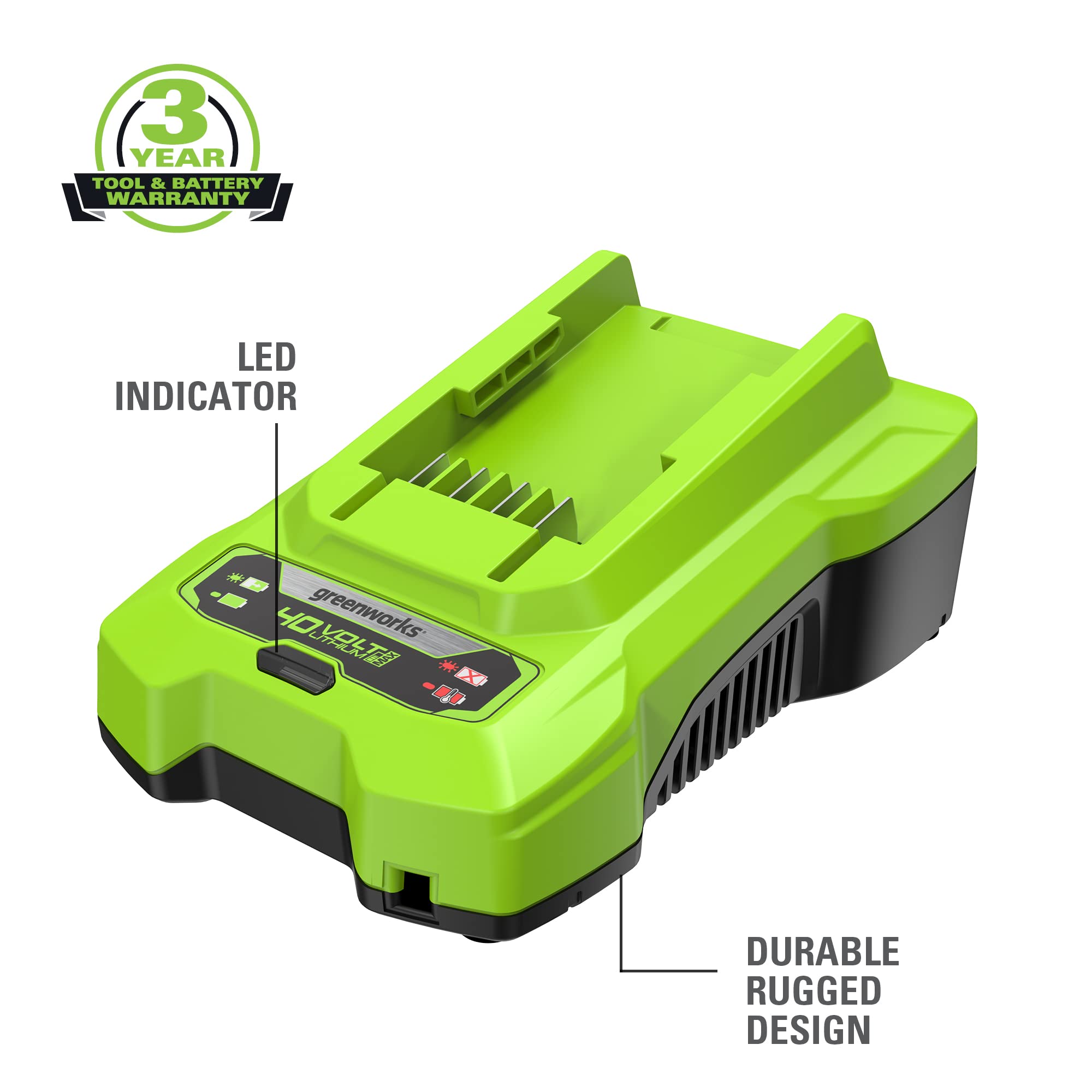 Greenworks 40V Battery Charger - Genuine OEM Replacement for Greenworks 40V Tools | Fast Charging for Lawn Mowers, String Trimmers & Leaf Blowers | Perfect for Home Lawn Care & Landscaping