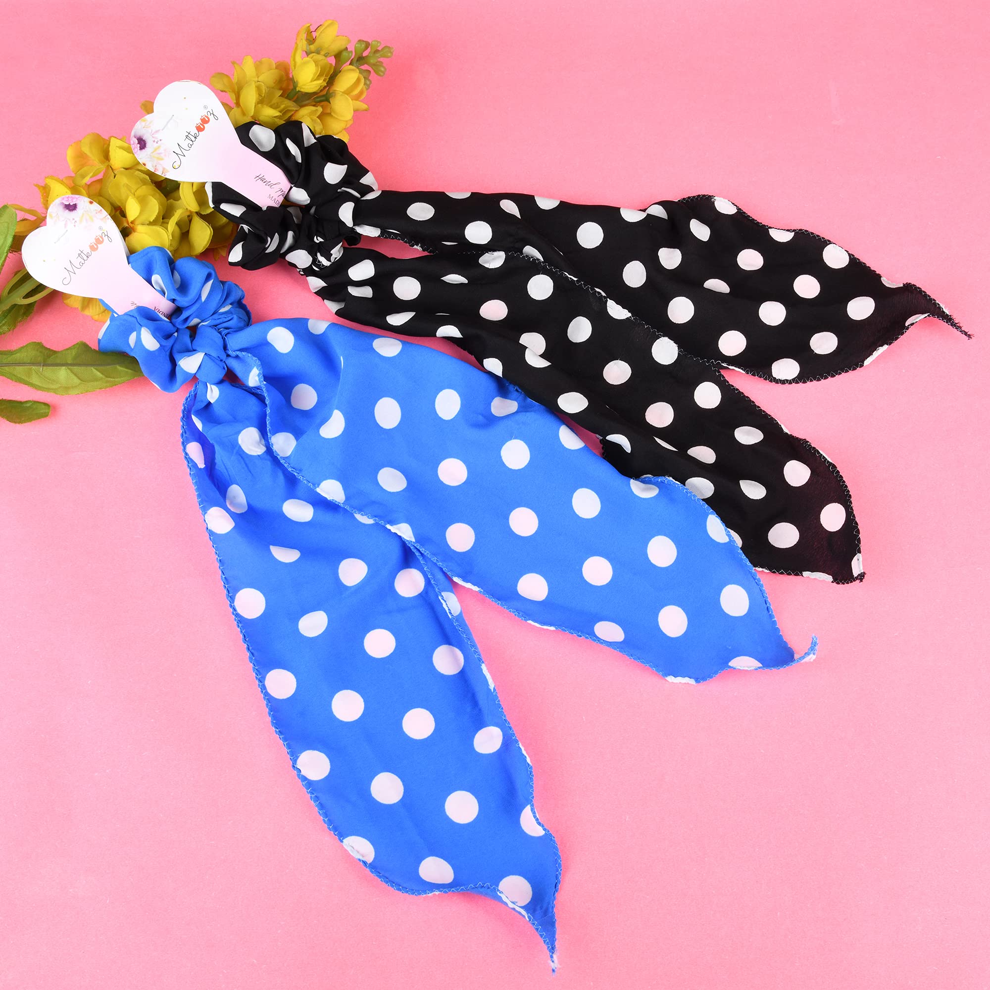 Matkooz Polka Dot Hair Scarf & Scrunchies Set - 2-in-1 Elastic Hair Ties & Ponytail Holders for Women (2-Pack, Blue/Black) - Perfect for Workouts, Yoga, and Everyday Styling