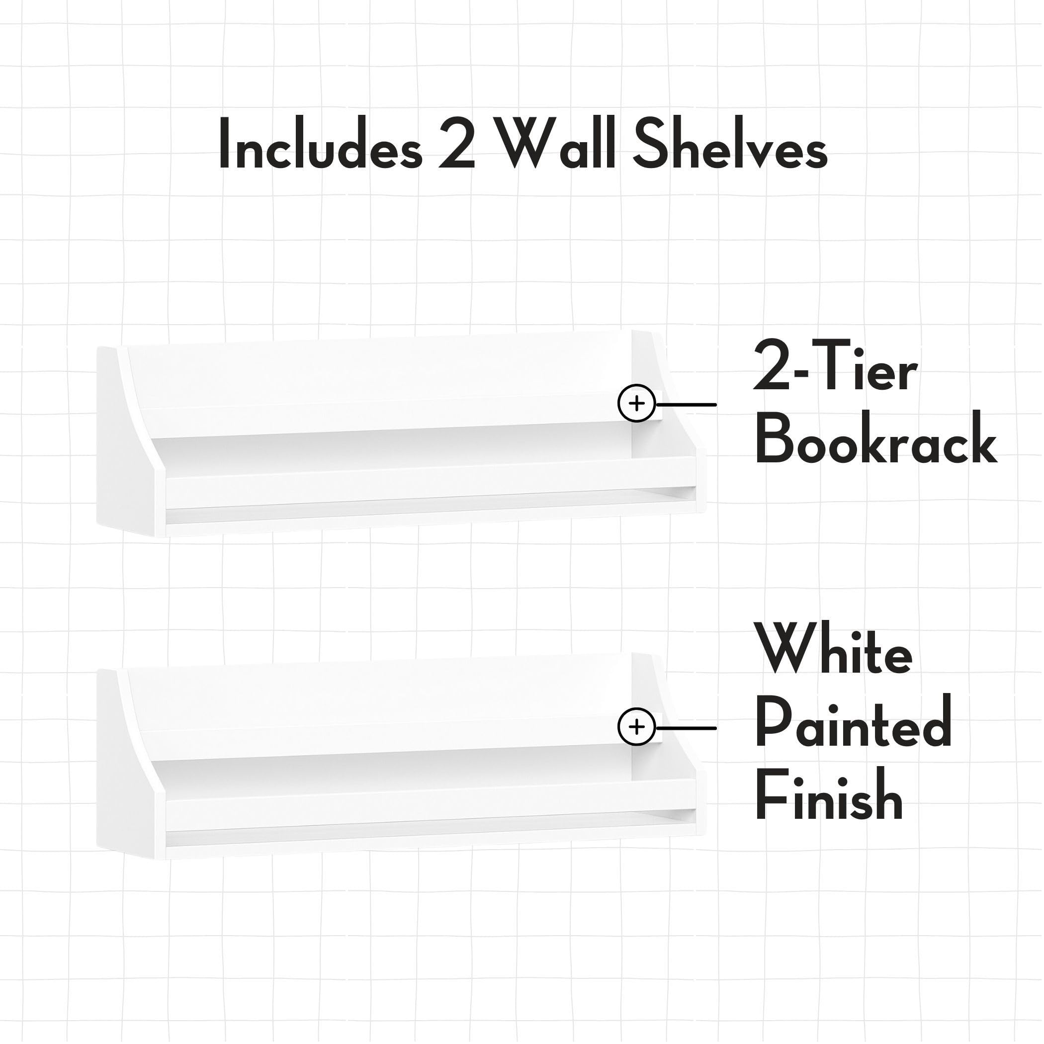 RiverRidge Kids Book Nook Wall Bookshelf Set (2 Pack) - White Floating Shelves for Nursery, Playroom & Living Room - Spacious Book Storage for Children's Books, Photo Albums & Keepsakes - Easy to Assemble & Mount - Perfect for Bedroom Decor, Classroom Organization & Gift Ideas