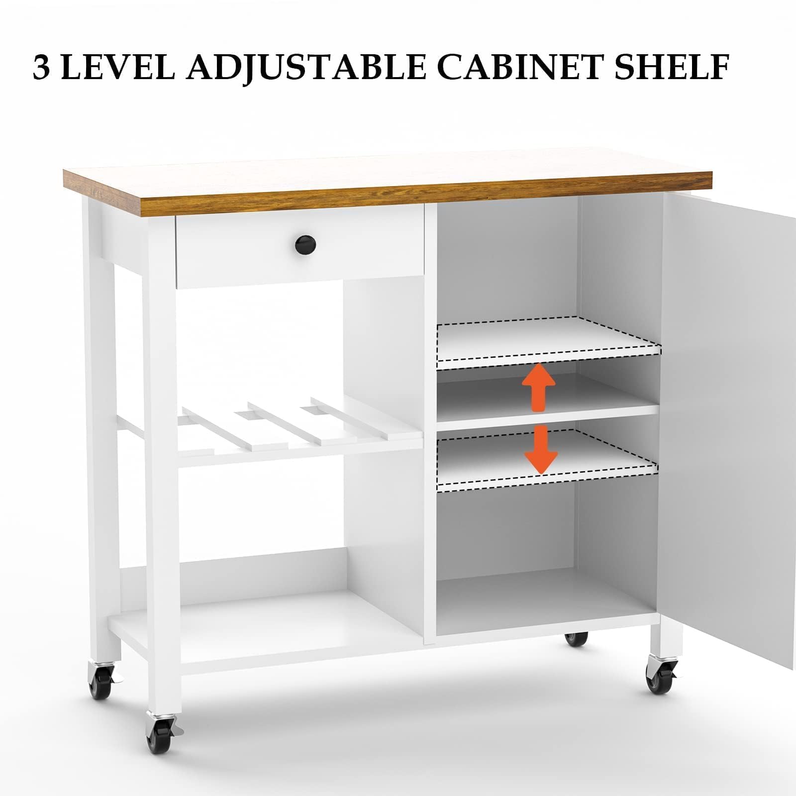 4 EVER WINNER Farmhouse Coffee Cart - Rolling Coffee Bar Cart with Storage Cabinet, Drawer & Adjustable Shelf, White Kitchen Island for Living Room, Dining Room & Kitchen - Perfect for Serving Coffee, Tea, Wine & Breakfast Snacks