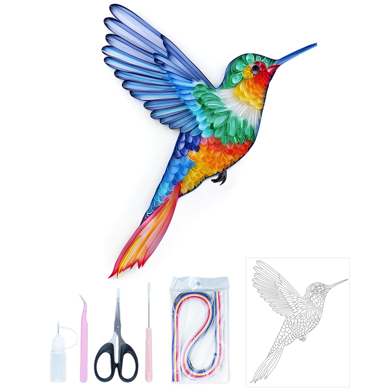 Quilling Kit for Adults Beginners - 8x10in Hummingbird Paper Filigree Art with Tools & Manual | DIY Wall Decor Craft Kit for Home & Office | Perfect Gift for Artists & Craft Lovers