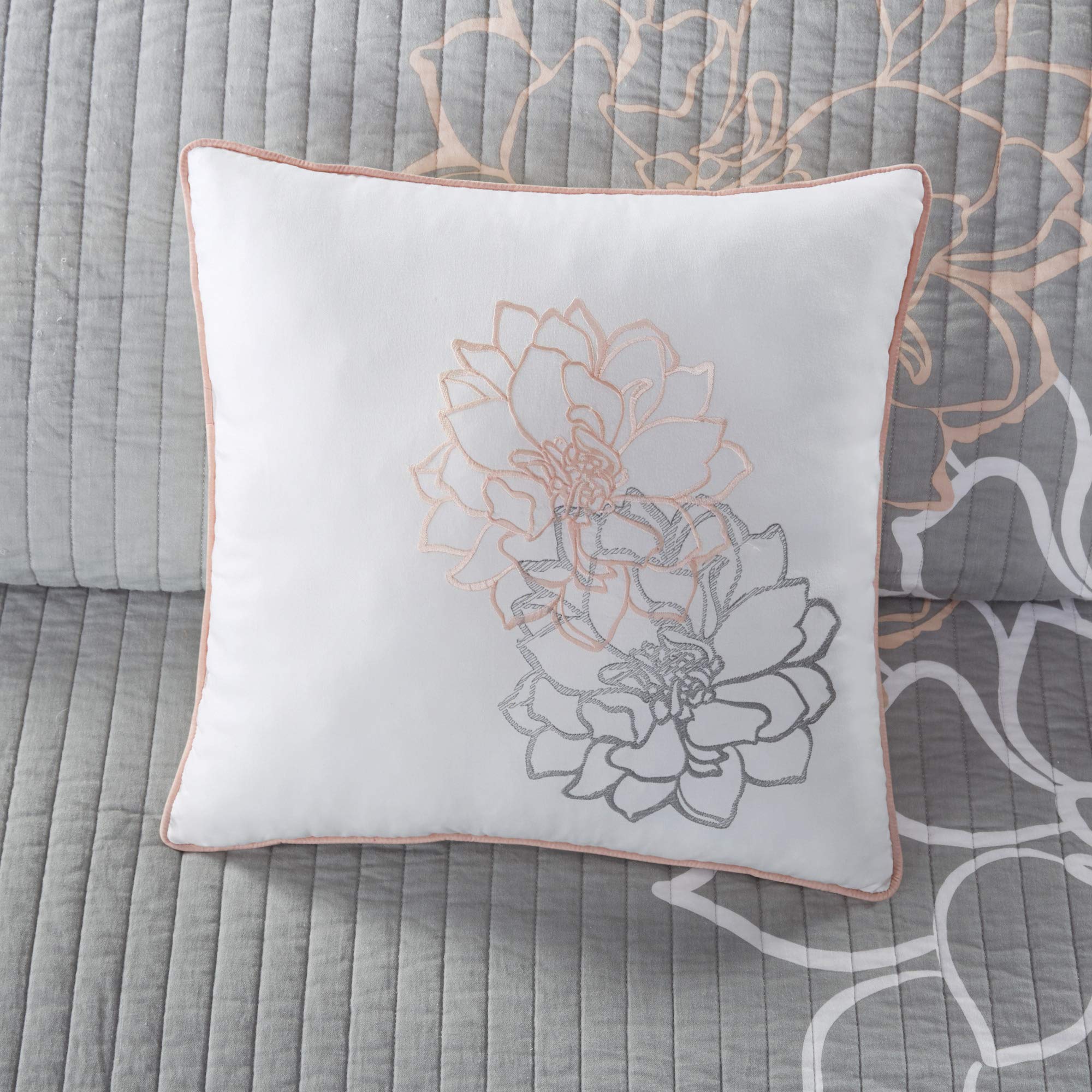 Madison Park Lola 100% Cotton Quilt Set - Floral Channel Stitch Design All Season Lightweight Bedspread with Shams & Decorative Pillows, Full/Queen Size (90x90 Inches), Blush 6-Piece Set | Perfect for Master Bedroom, Guest Room & Cozy Home Decor