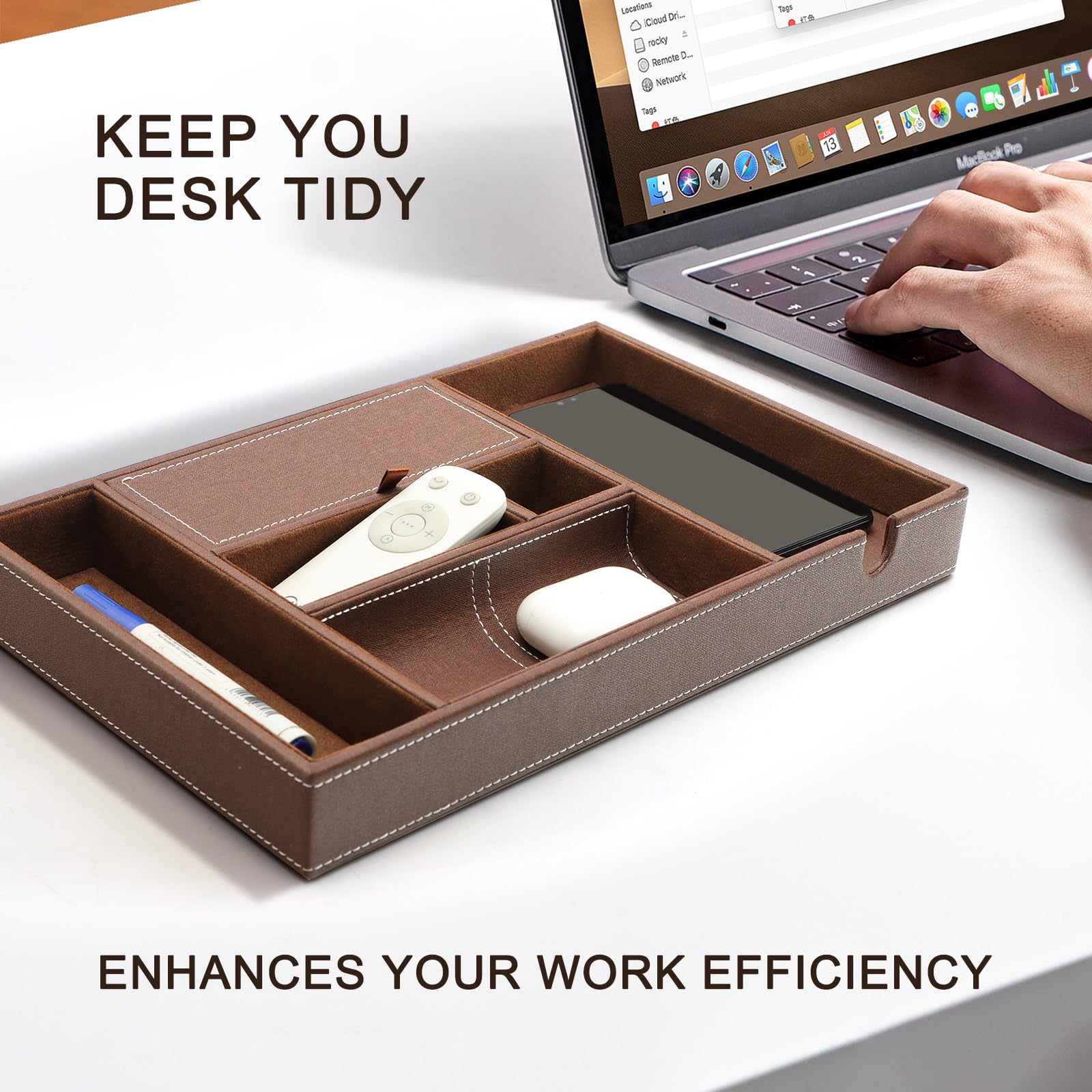 Premium SANZIE Leather Tray with Qi Wireless Charger - Large Nightstand Organizer for Phone, Wallet, Keys, Jewelry & Accessories (Brown) - Perfect for Bedroom, Office & Travel Organization