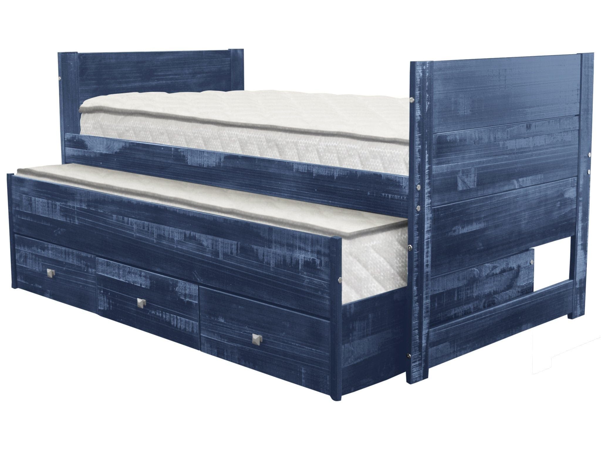 Bedz King All-in-One Twin Bed with Twin Trundle & 3 Built-In Drawers in Weathered Blue - Perfect for Kids' Rooms, Guest Bedrooms & Small Space Living