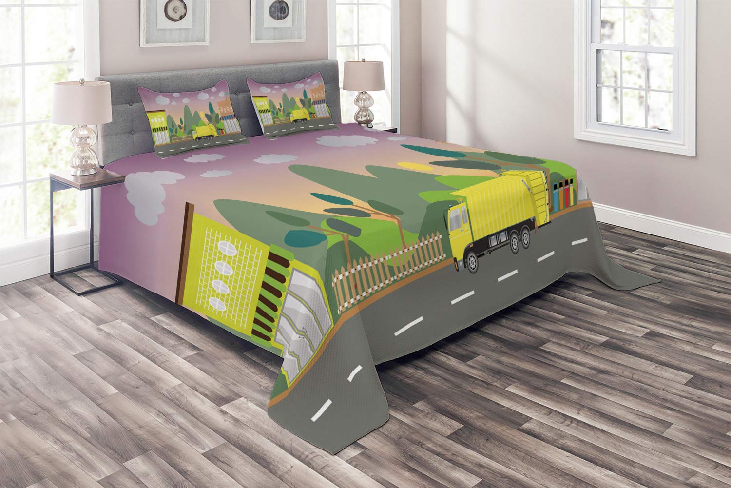 Ambesonne Garbage Truck Quilt Set - 3 Piece King Size Bedspread with 2 Pillow Shams, City Waste Machine Transport Design for Kids Room & Truck Lovers - Multicolor Decorative Bedding for Boys Bedroom & Themed Decor