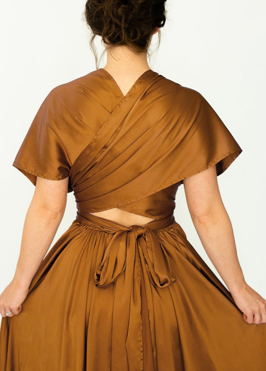 June Impact Dress in Dark Honey - Elegant Flowy Midi Dress for Women, Perfect for Summer Weddings, Parties & Date Nights