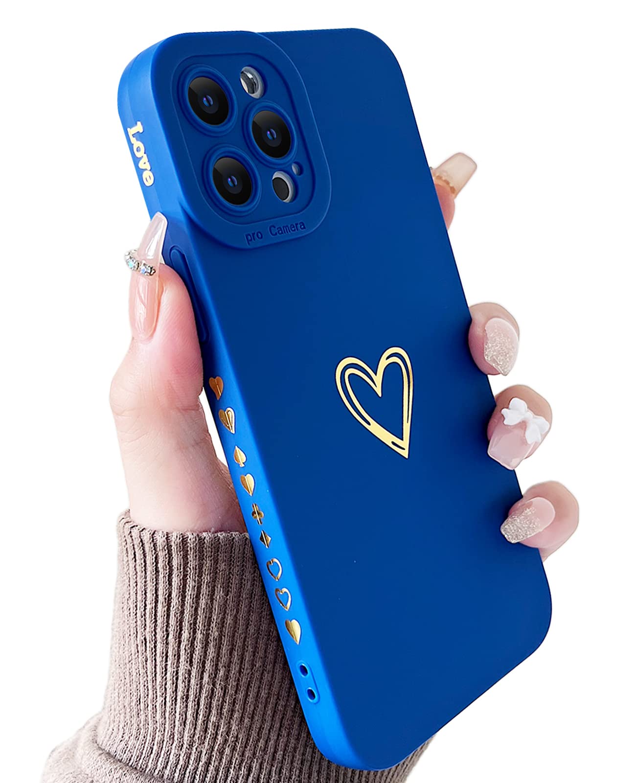 Luxury Heart iPhone 12 Pro Max Case for Women - Shockproof TPU Soft Cover with Full Camera Protection, Bronzing Design, 6.7 Inch Klein Blue - Perfect for Daily Use, Work & Travel
