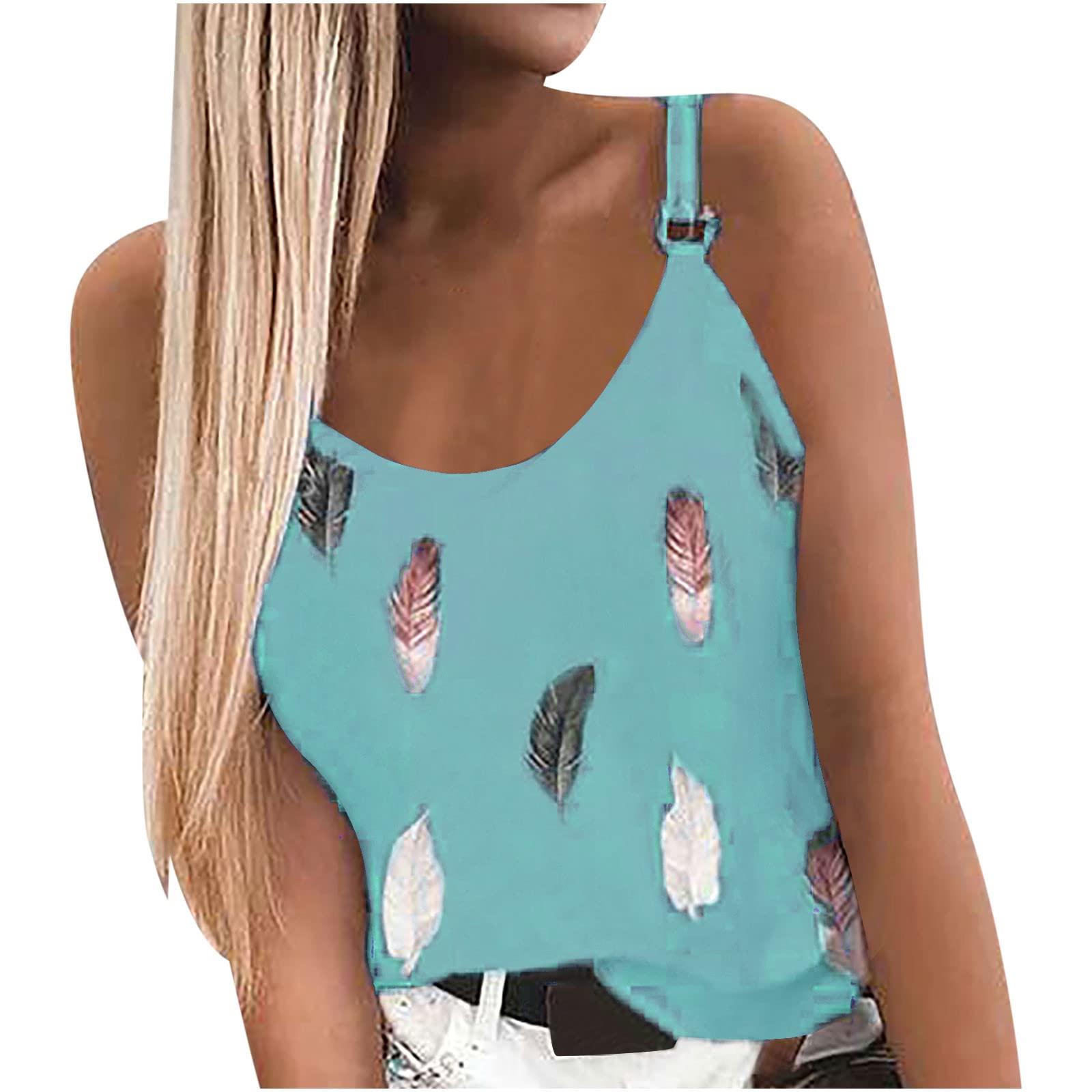Ylioge Women's Fashion Crewneck Feather Print Camisole Vest - Oversized Casual Tunic Tank Top for Summer Outfits, Beach Wear & Layering