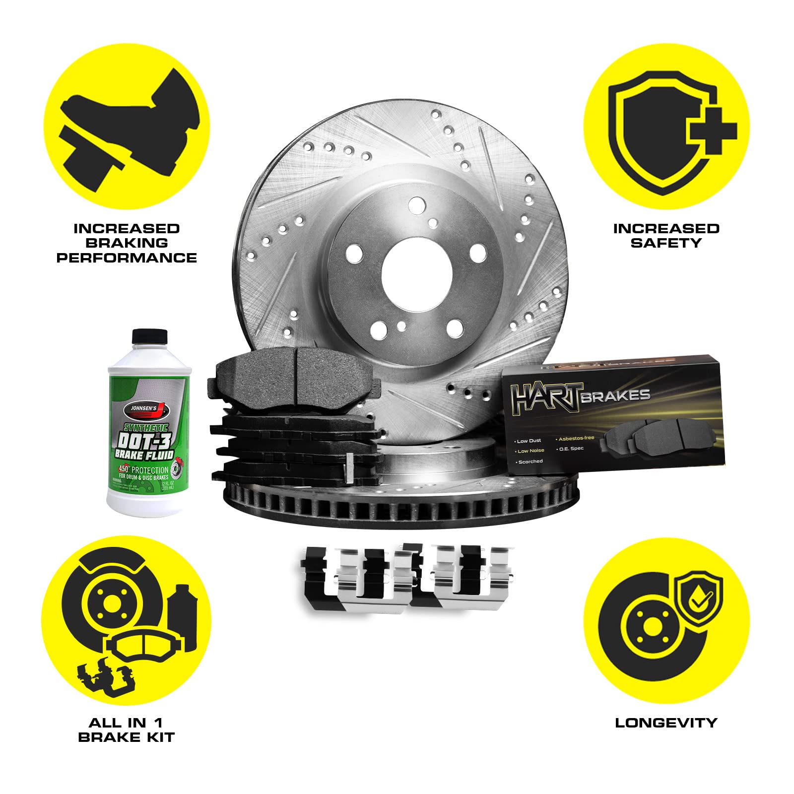 Hart Brakes Front & Rear Brake Pads and Rotors Kit - Semi-Metallic Brake Pads with Hardware Kit | PHCC.54047.43 | Perfect for Car Maintenance, DIY Brake Replacement, and Auto Repair Shops