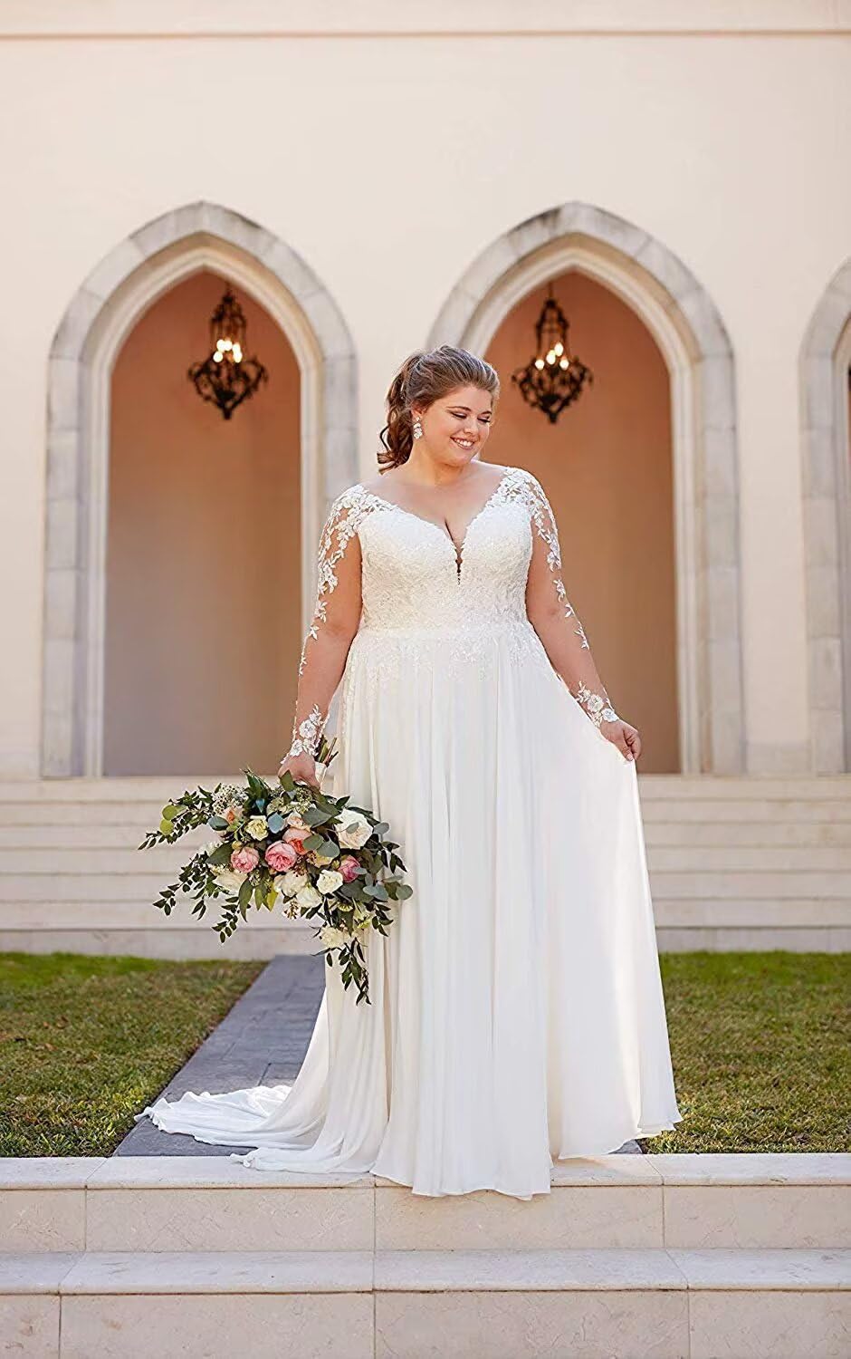 Clothfun Women's V-Neck Lace Beach Wedding Dress 2025 - Long Sleeve Chiffon Bridal Gown for Bride, Beach Ceremony & Destination Weddings