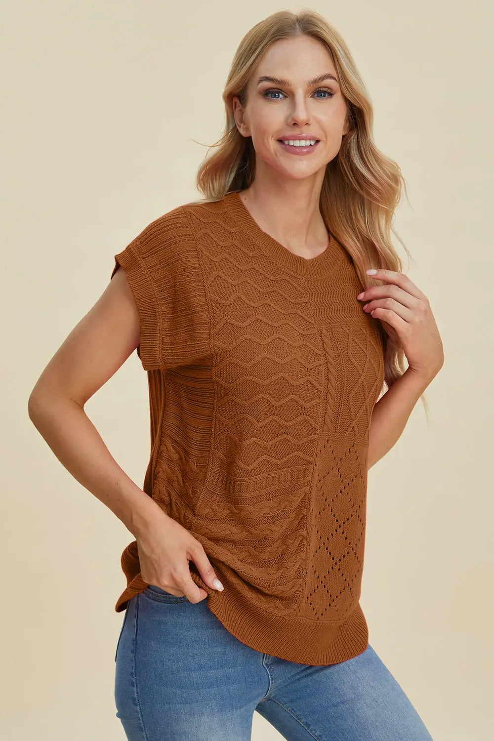 Double Take Full Size Cable Knit Round Neck Cap Sleeve Sweater for Women - Cozy Winter Pullover for Office, Date Night & Casual Outfits