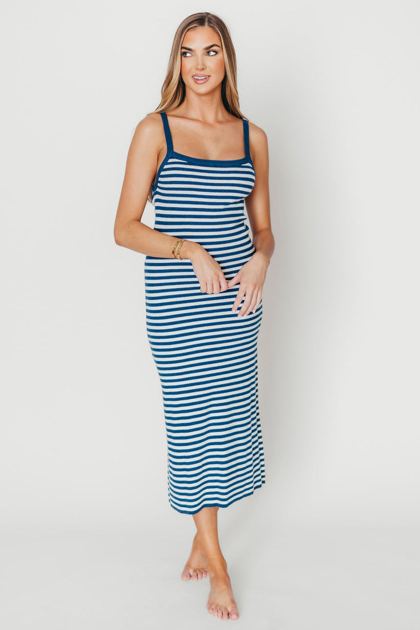 Rhode Striped Bodycon Midi Dress for Women - Slim Fit Ivory & Navy Blue Party Cocktail Dress | Perfect for Night Out, Date Night, Club Wear and Special Occasions