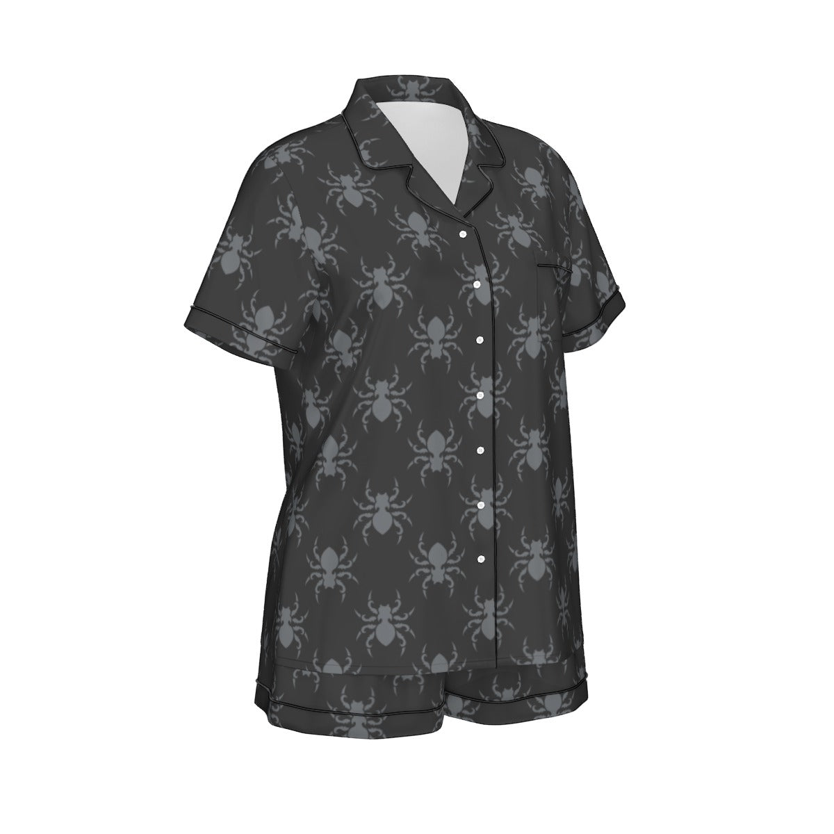 Gothic Black Spider Print Women's Silk-Like Pajama Set - Short Sleeve Nightwear for Halloween, Cosplay & Gothic Lovers - Perfect for Sleepwear, Lounge Wear & Themed Parties