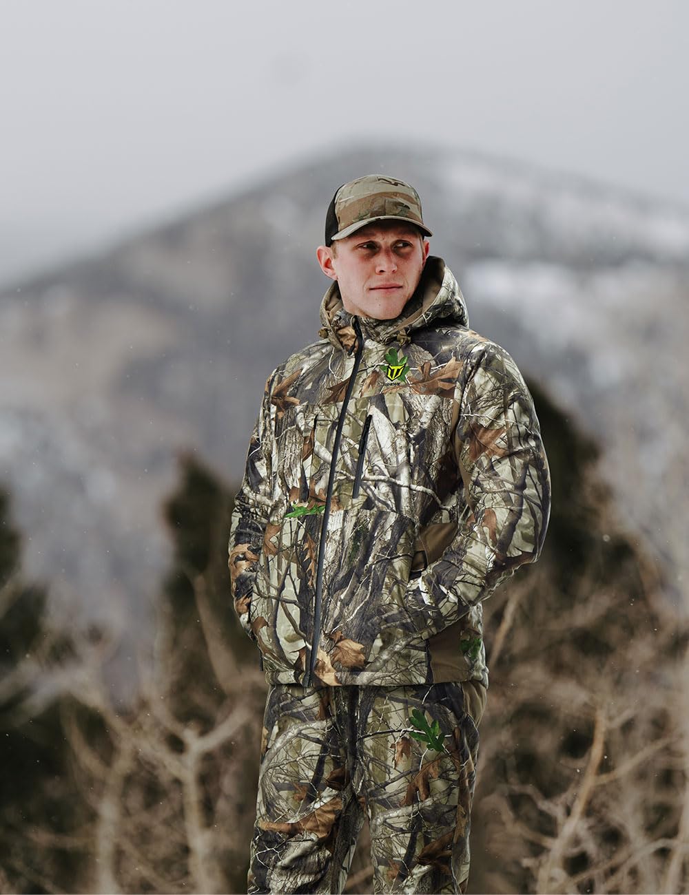 TIDEWE Men's Silent Waterproof Hunting Jacket with Face Mask & Adjustable Bibs - Safety Strap Compatible for Deer, Duck & Turkey Hunting