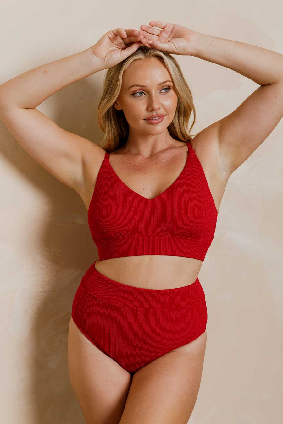Byron High Waisted Bikini Bottom - Red Textured Swimwear for Women | Beach, Pool & Summer Vacation Essentials