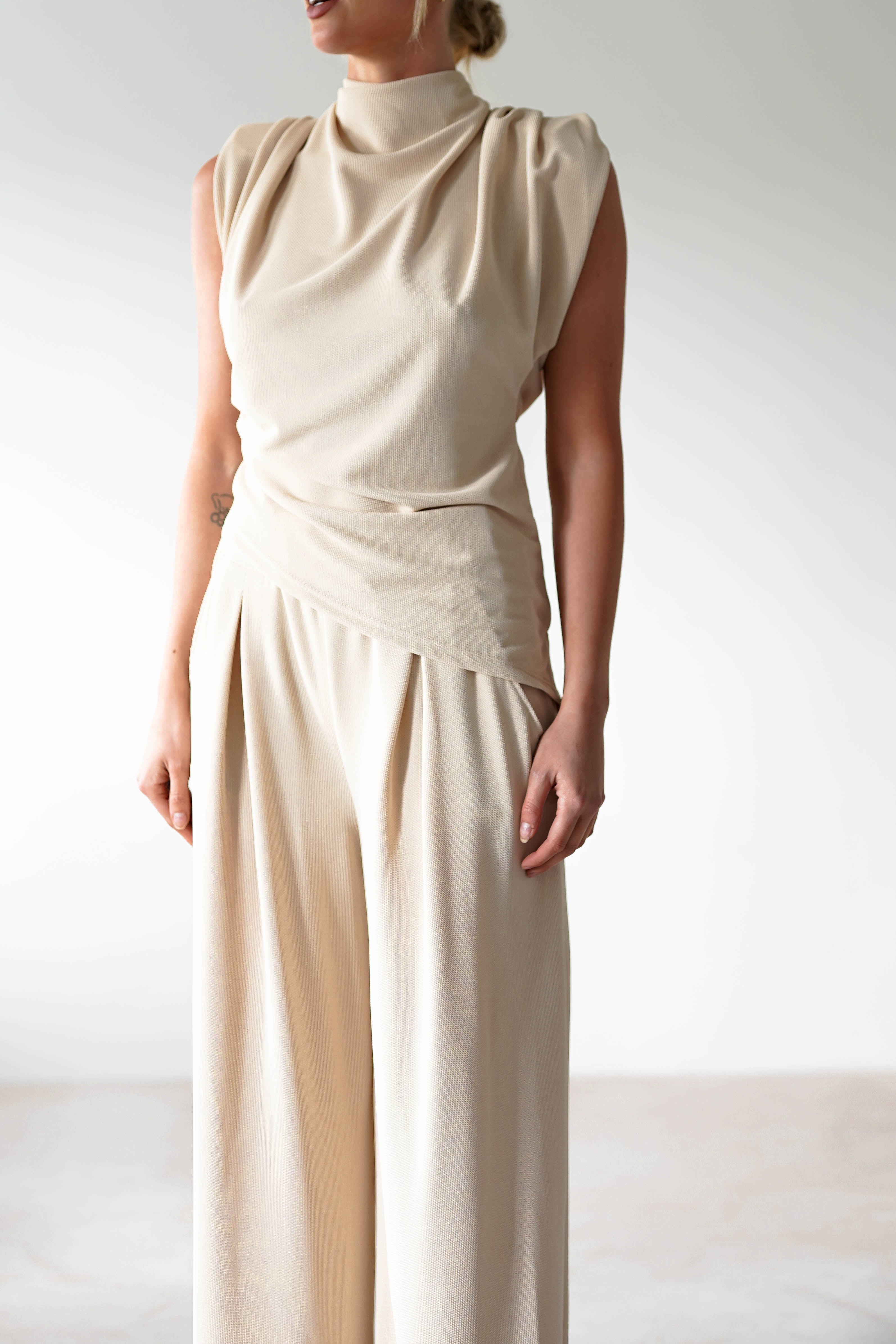 Mina Stretchy 2 Piece Set Women's Outfit - Soft Cream Lounge Wear for Yoga, Travel & Casual Comfort